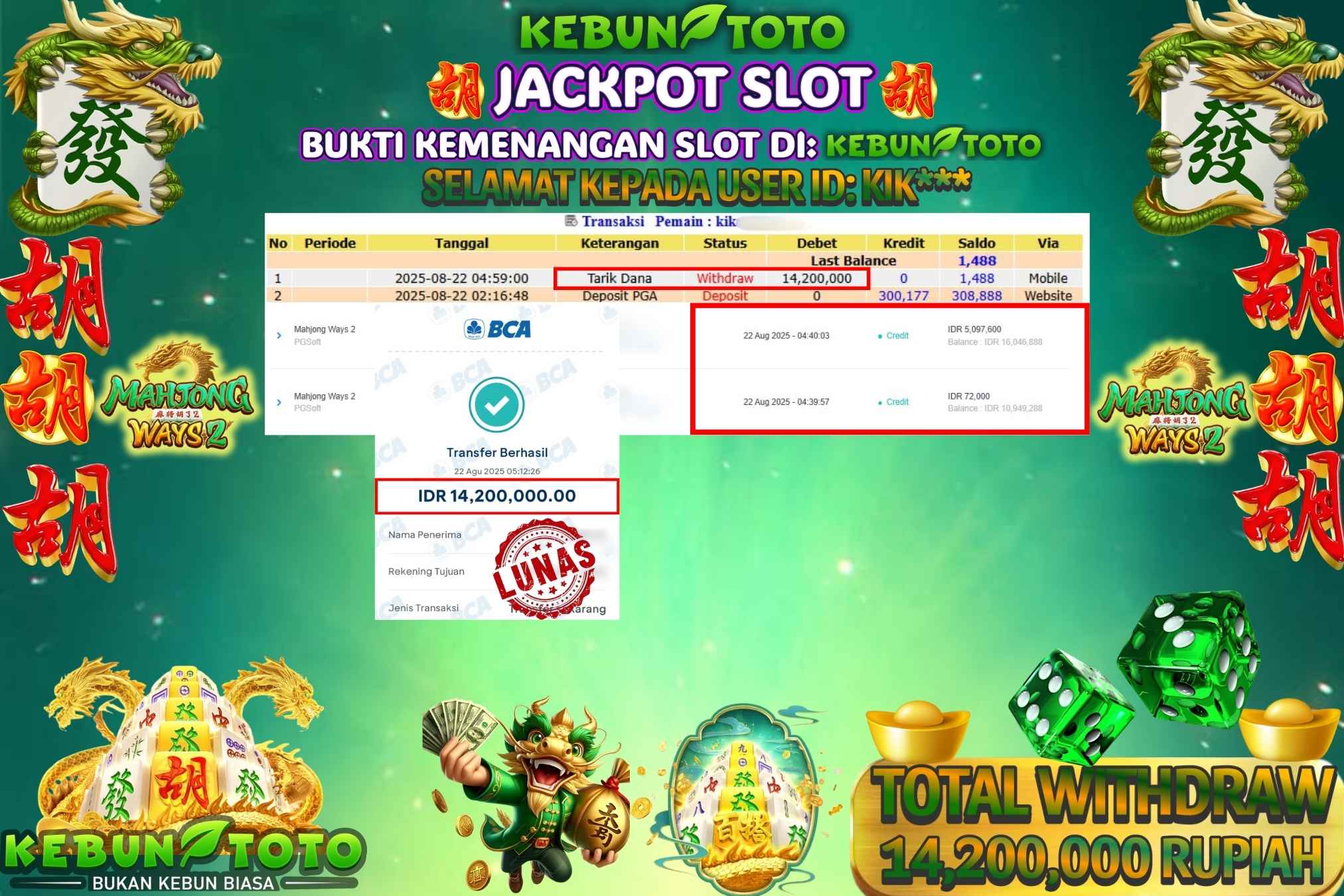 Bukti Kemenangan Rp 14.200.000 SLOT MAHJONG WAYS 2 di KEBUNTOTO!