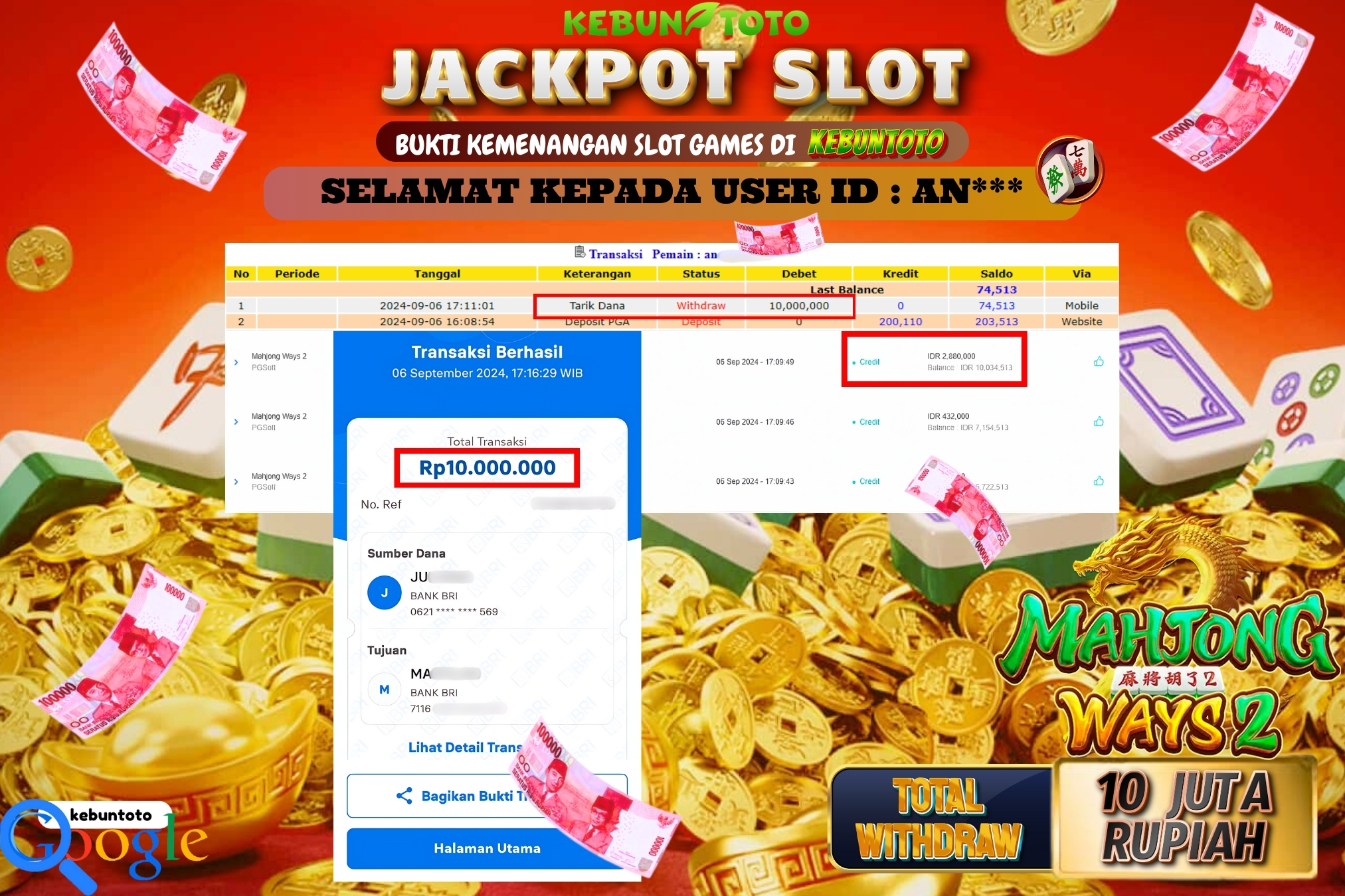 KEBUNTOTO JACKPOT SLOT MAHJONG WAYS 2 Rp.10.000.000,- LUNAS