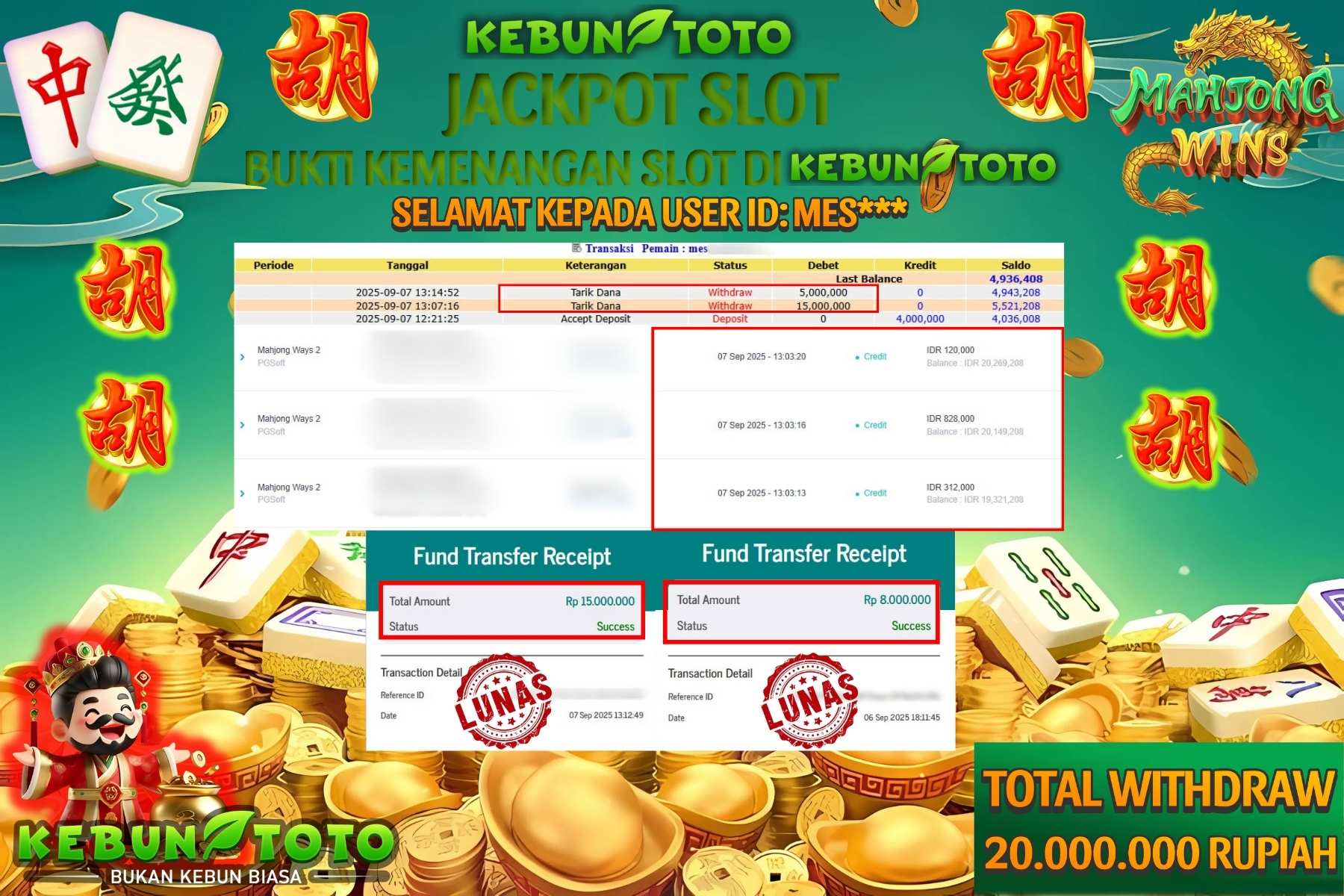Bukti Kemenangan Rp 20.000.000 SLOT MAHJONG WAYS 2 di KEBUNTOTO!