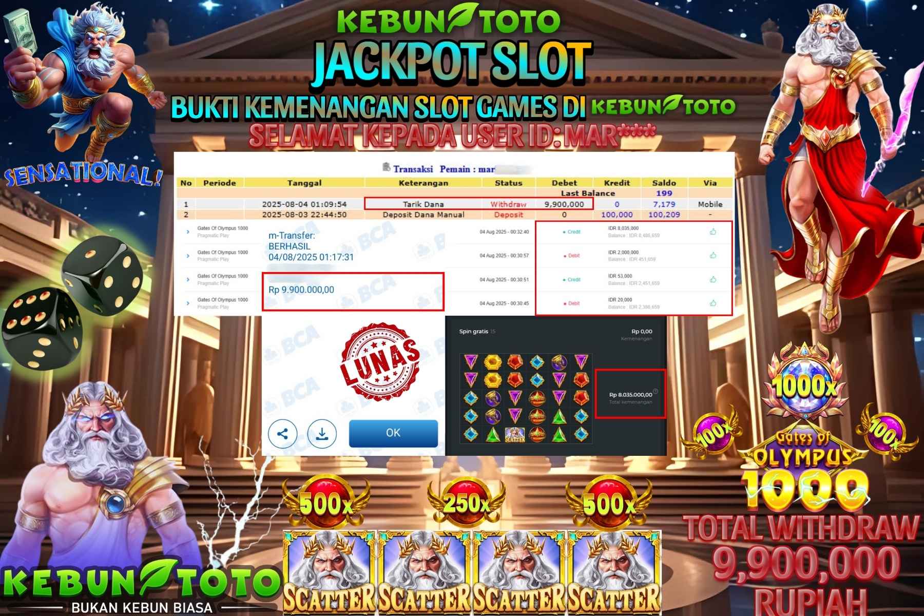 Bukti Kemenangan Rp 9.900.000 SLOT GATES OF OLYMPUS 1000 di KEBUNTOTO!