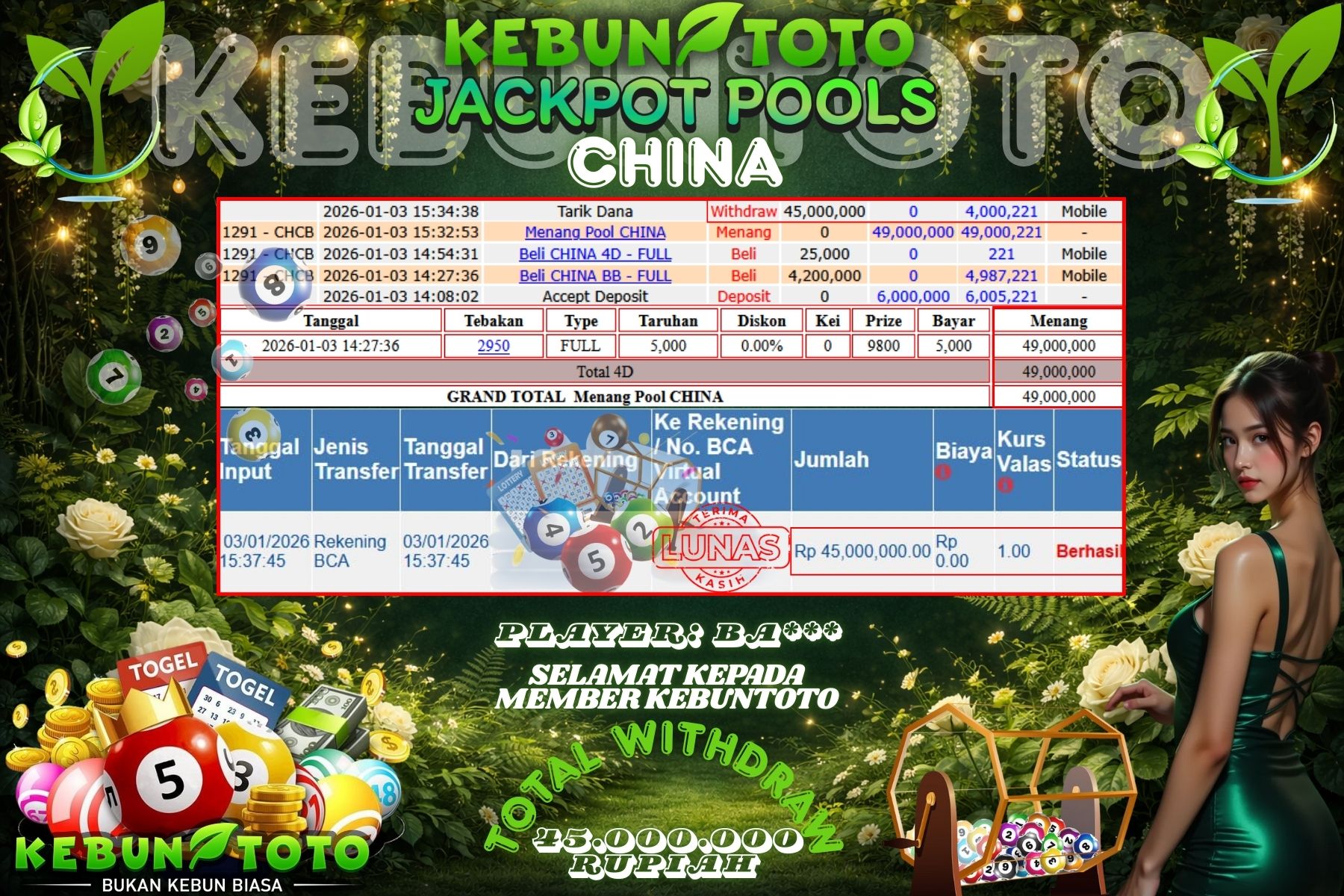 Bukti Kemenangan Rp 45.000.000 TOGEL CHINA di KEBUNTOTO!