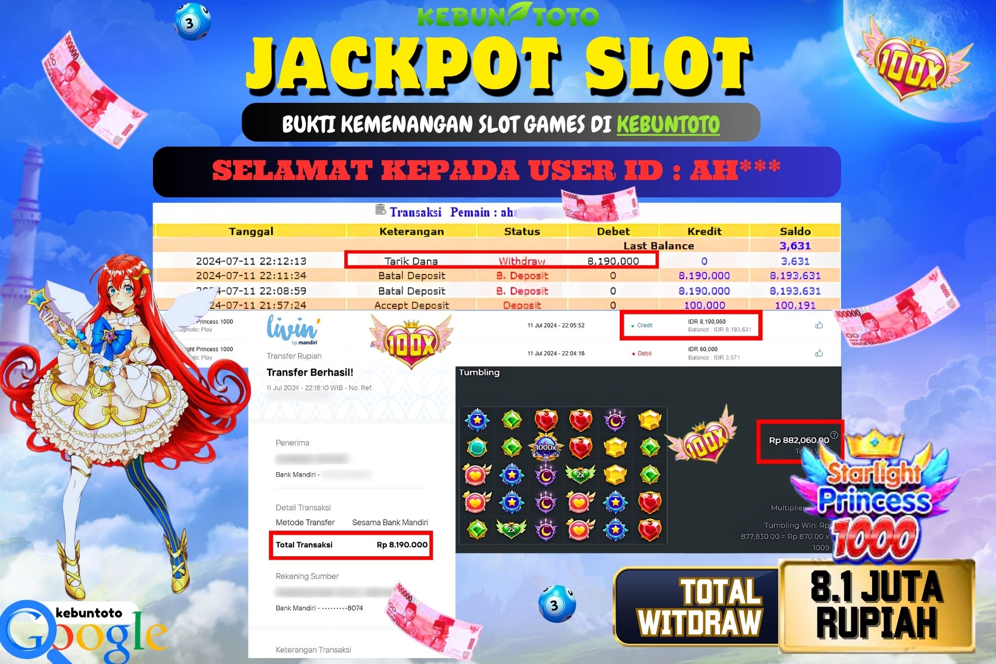 KEBUNTOTO JACKPOT SLOT STARLIGHT PRINCESS 1000 Rp.8.190.000,- LUNAS