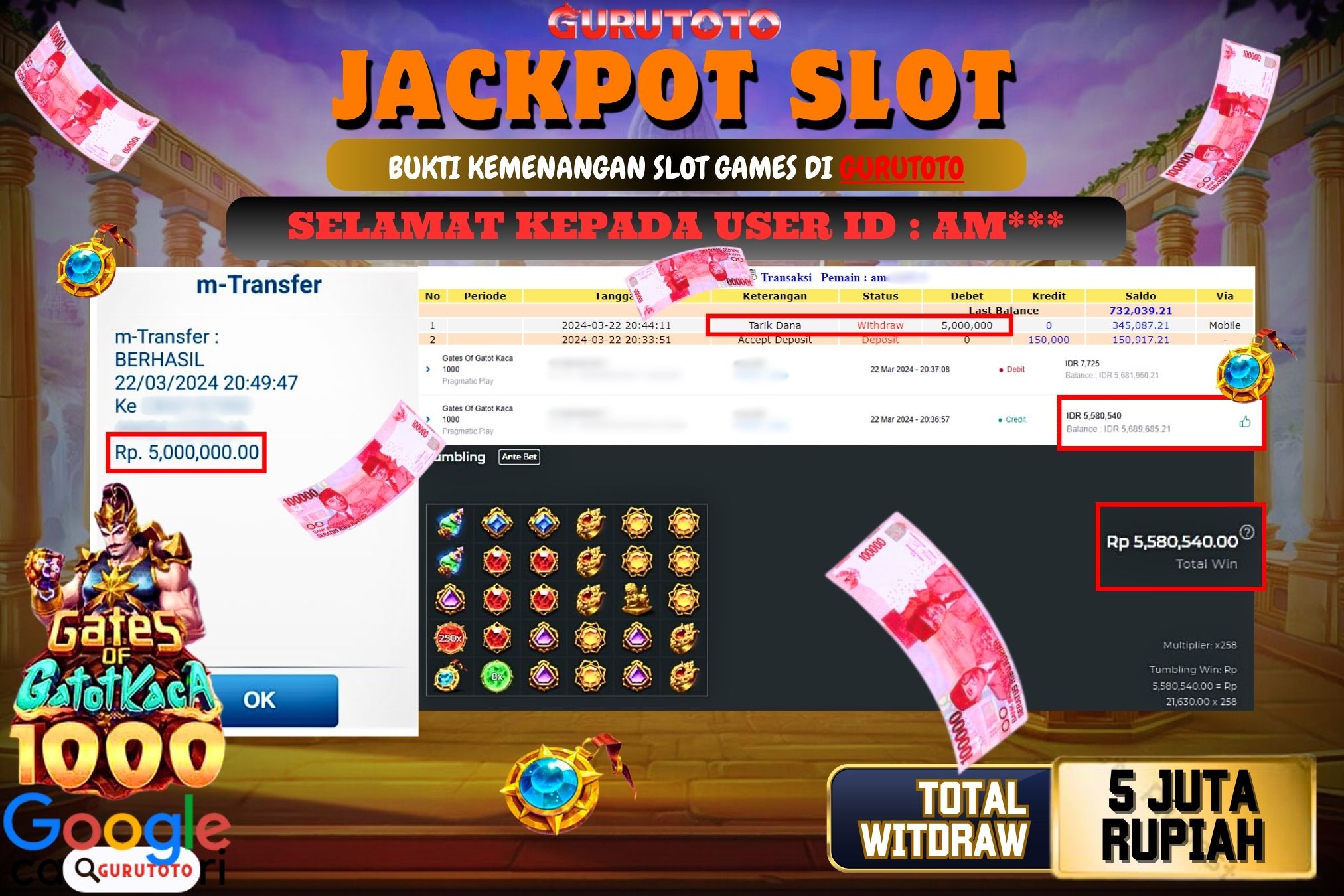 Jackpot Slot Gatot Kaca 1000 di Gurutoto sebesar Rp.5.000.000 telah dibayar lunas.