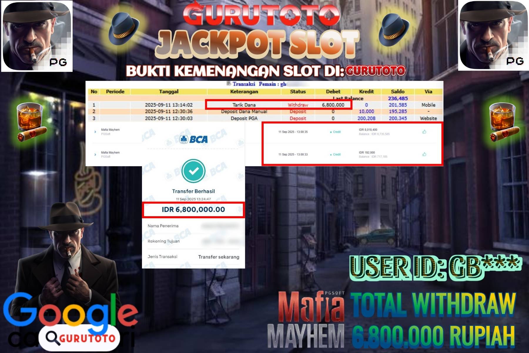 Bukti Kemenangan Rp 6.800.000 SLOT MAFIA MAYTHEM di GURUTOTO!