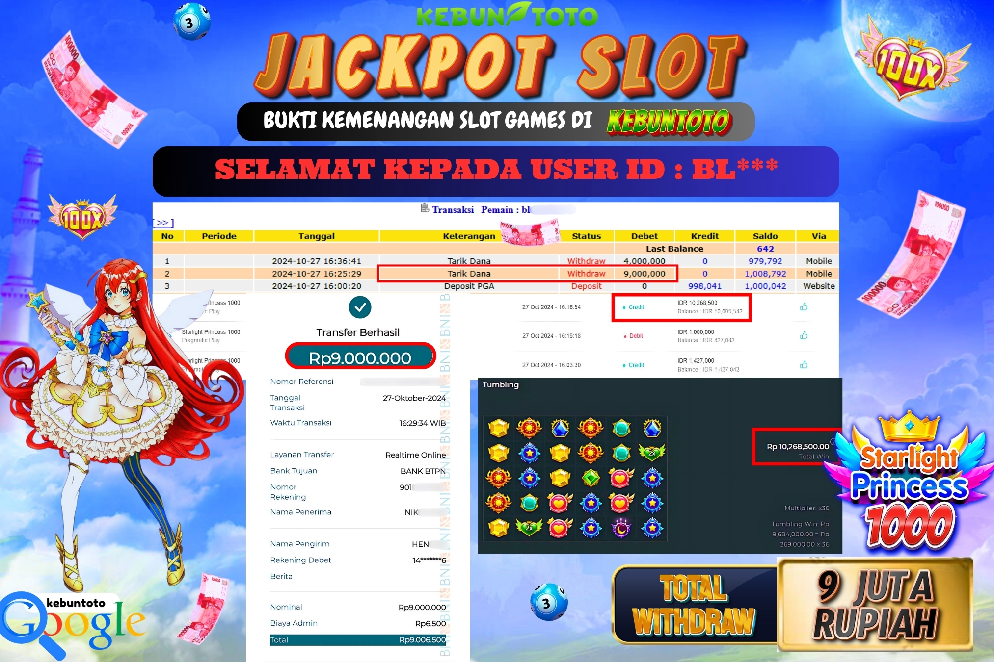 KEBUNTOTO JACKPOT SLOT STARLIGHT PRINCESS 1000 Rp.9.000.000,- LUNAS