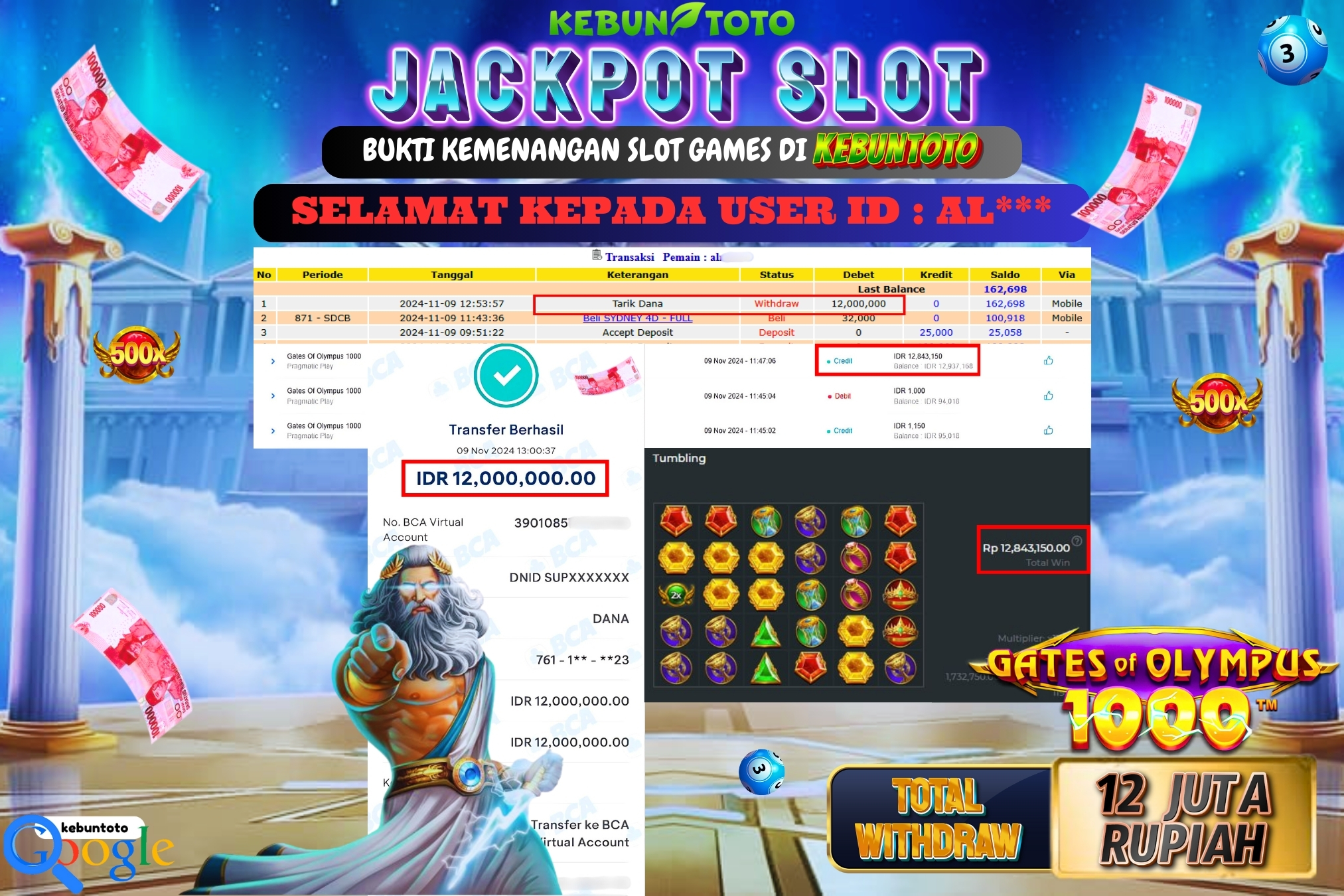 KEBUNTOTO JACKPOT SLOT GATES OF OLYMPUS 1000 Rp.12.000.000,- LUNAS