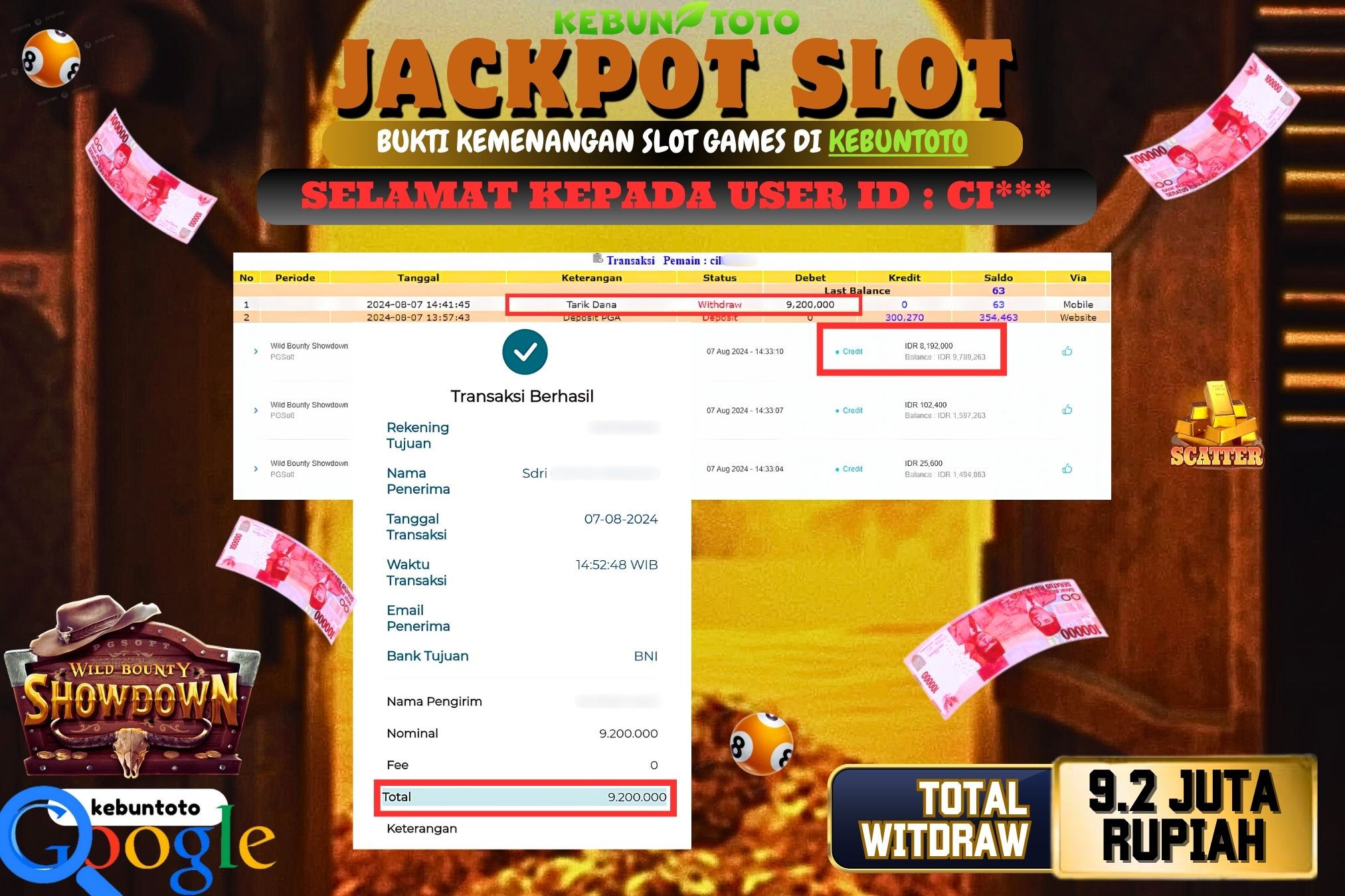 KEBUNTOTO JACKPOT SLOT WILD BOUNTY SHOWDOWN Rp.9.200.000,- LUNAS