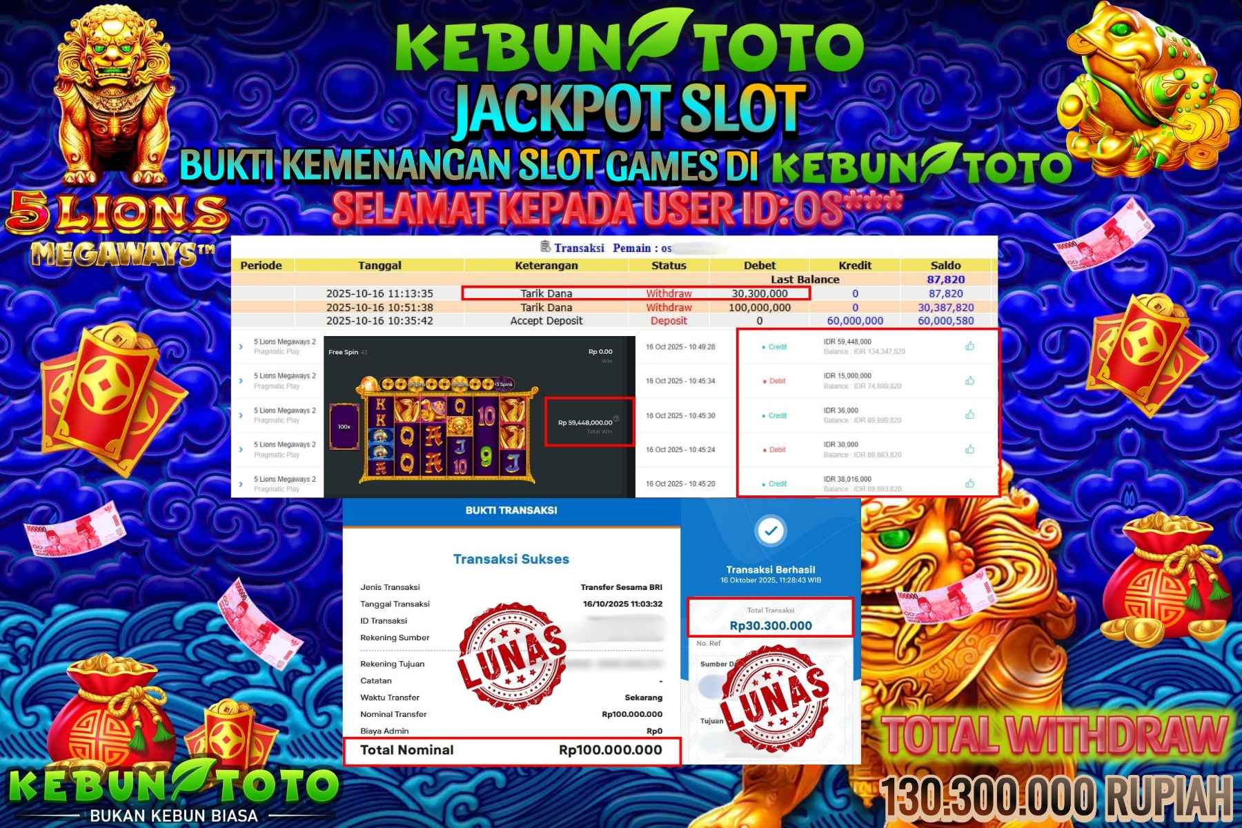 Bukti Kemenangan Rp 130.300.000 SLOT 5 LIONS MEGAWAYS 2 di KEBUNTOTO!