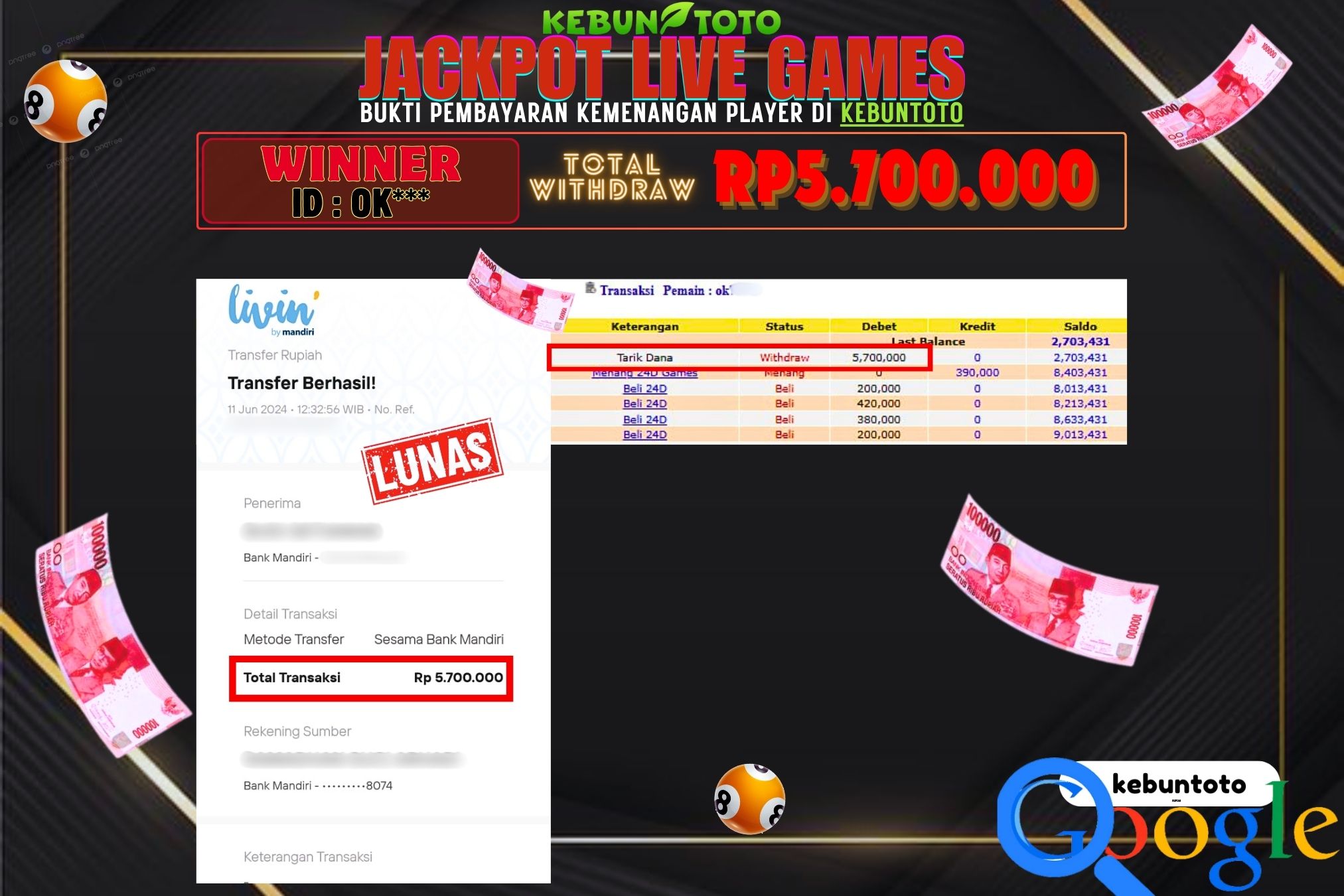 KEBUNTOTO JACKPOT LIVE GAMES 24D Rp.5.700.000,- LUNAS