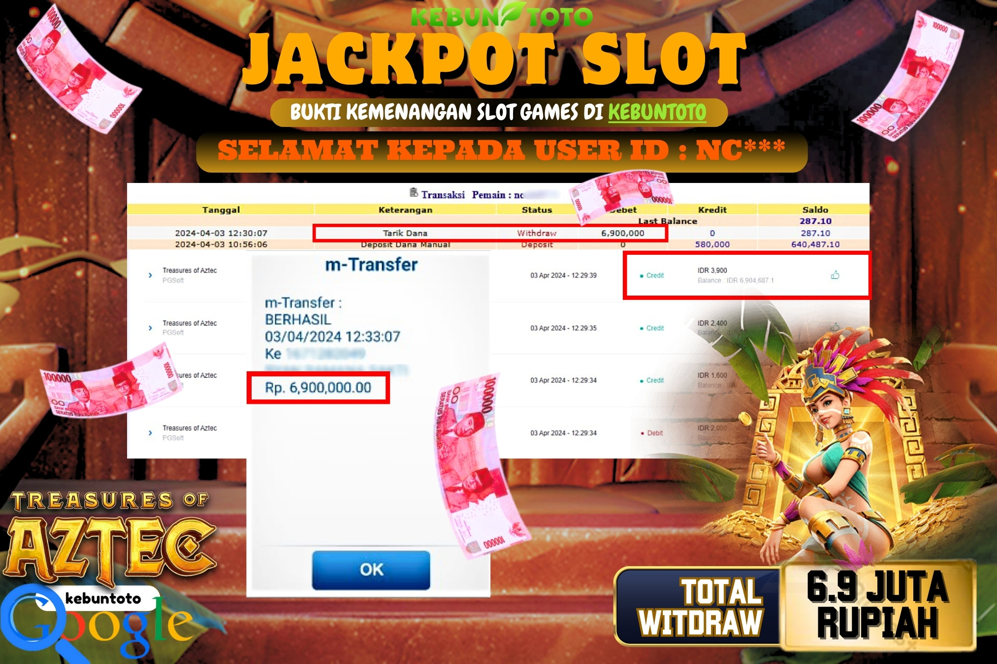 KEBUNTOTO JACKPOT SLOT TREASURES OF AZTEC Rp.6.900.000,- LUNAS