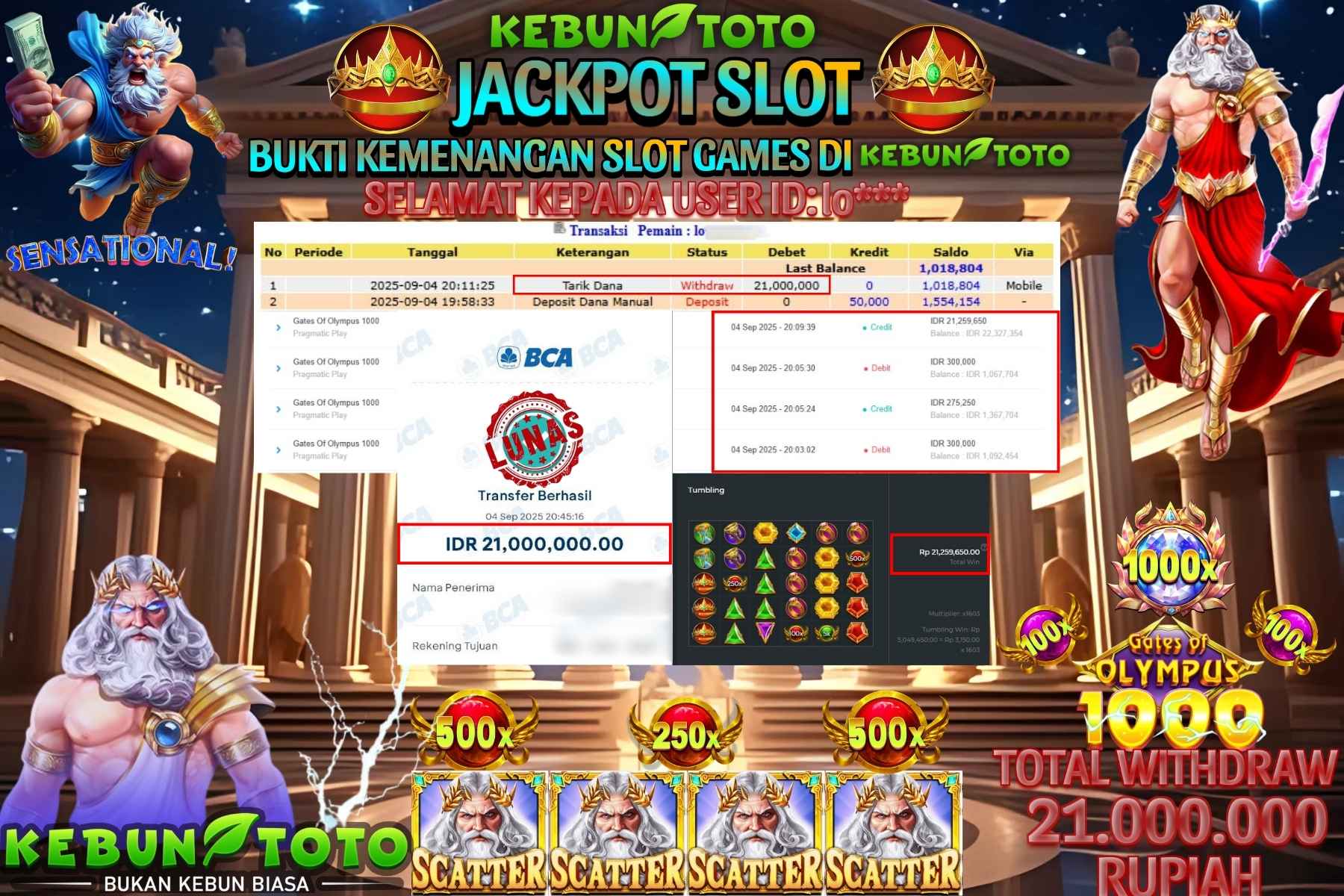 Bukti Kemenangan Rp 21.000.000 SLOT GATES OF OLYMPUS 1000 di KEBUNTOTO!