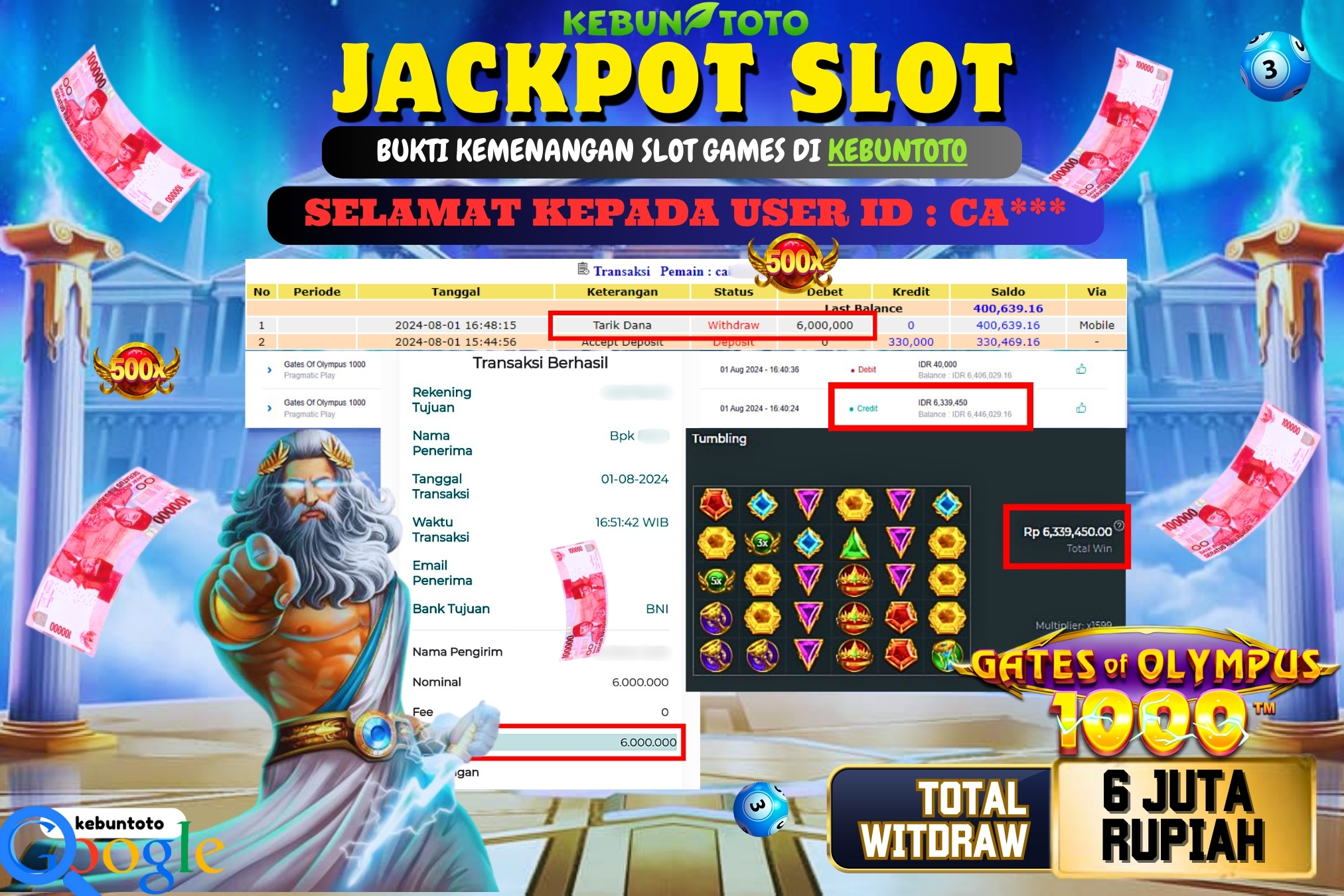 KEBUNTOTO JACKPOT SLOT GATES OF OLYMPUS 1000 Rp.6.000.000,- LUNAS