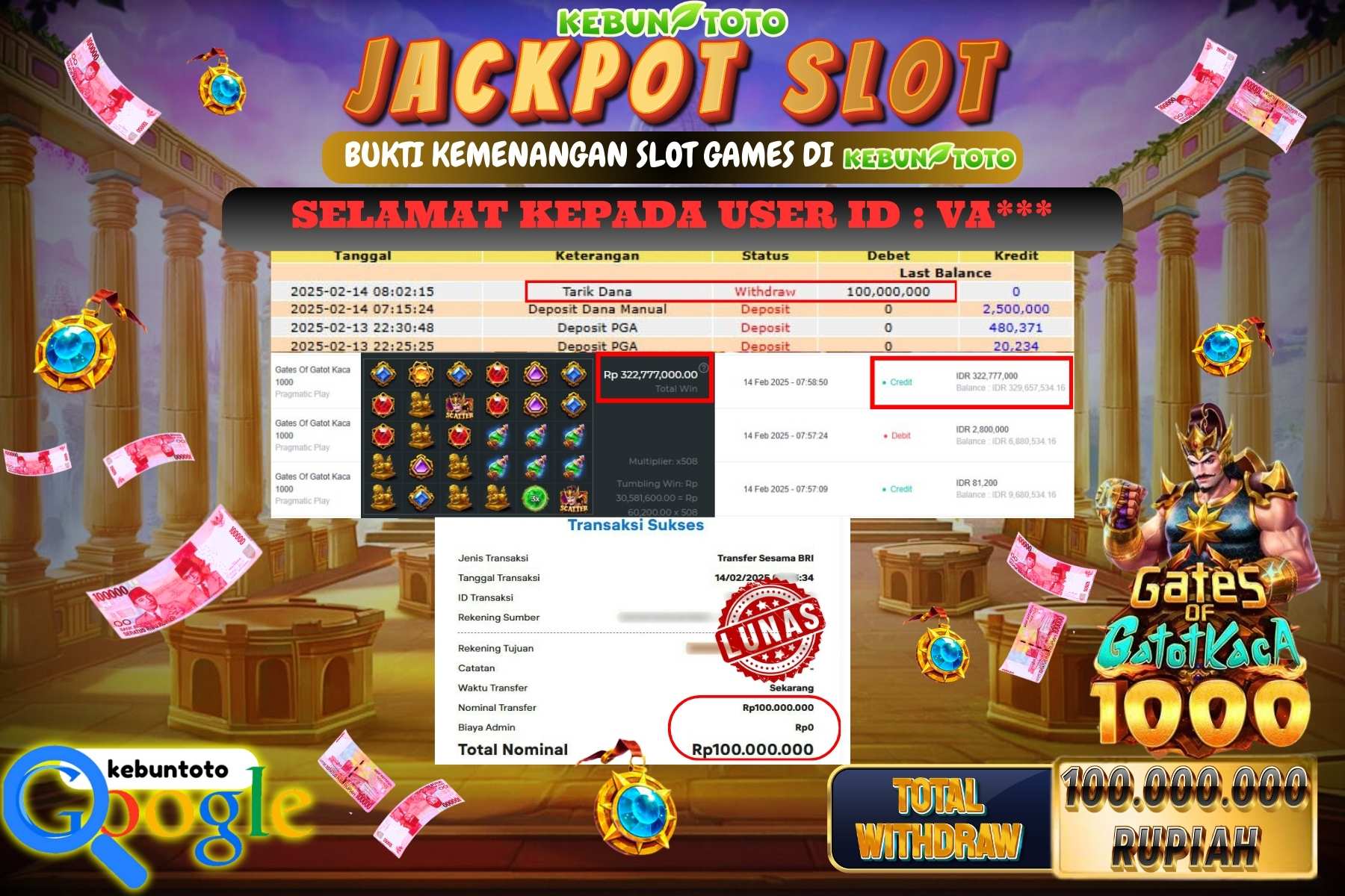 KEBUNTOTO MEGA JACKPOT, SLOT GATES OF GATOT KACA 1000 , Sebesar Rp 100.000.000,- LUNAS