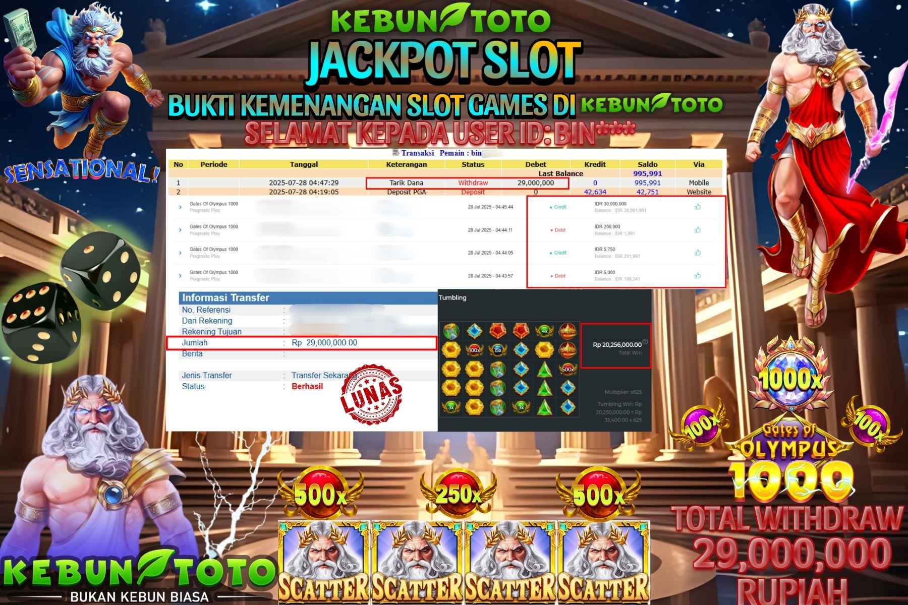 Bukti Kemenangan Rp 29.000.000 SLOT GATES OF OLYMPUS 1000 di KEBUNTOTO!