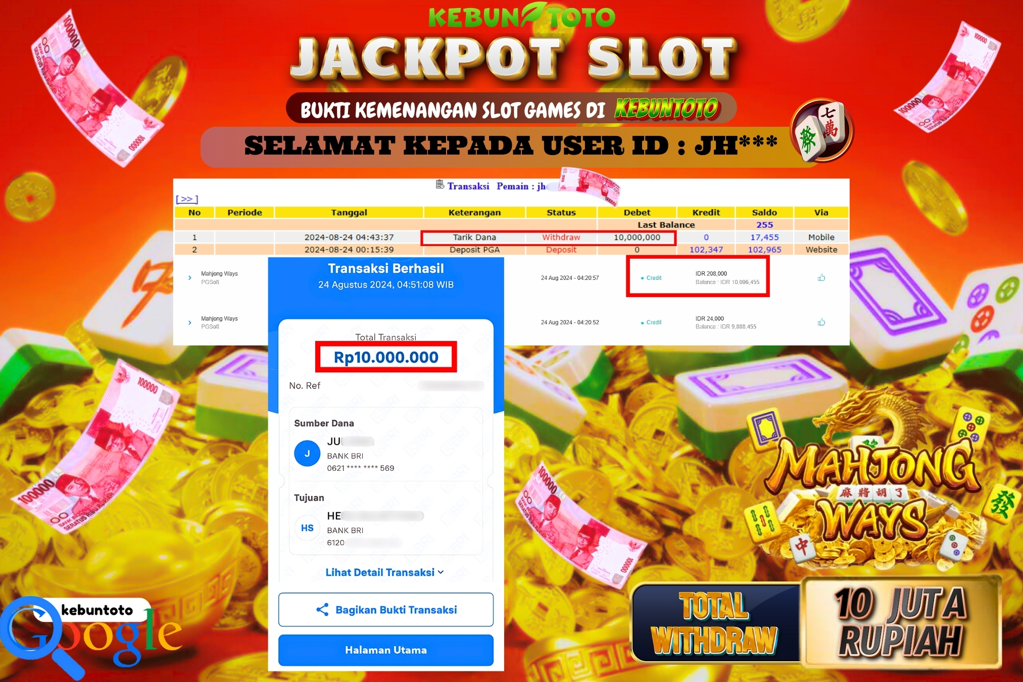 KEBUNTOTO JACKPOT SLOT MAHJONG WAYS Rp.10.000.000,- LUNAS