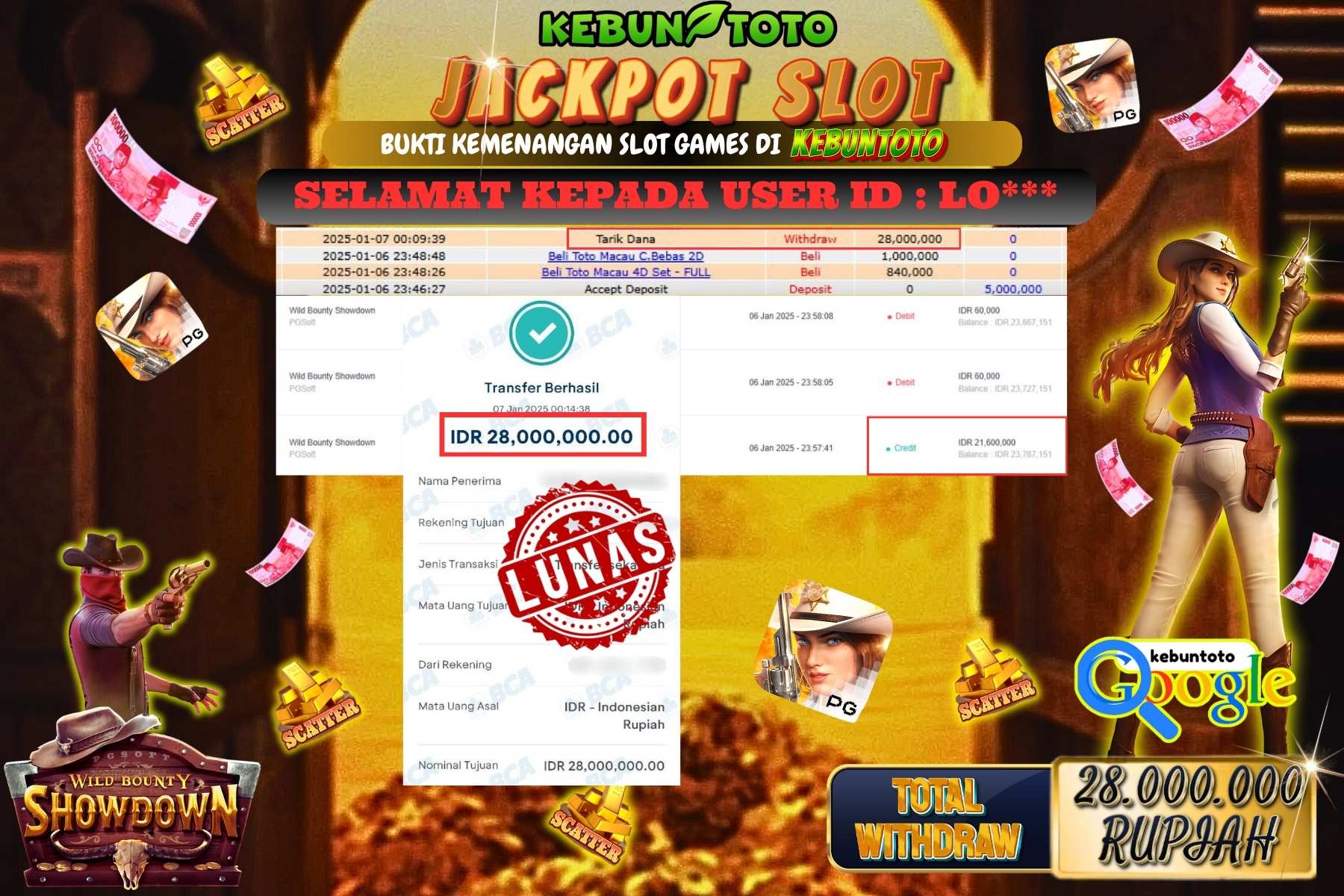 KEBUNTOTO JACKPOT SLOT  WILD BOUNTY SHOWDOWN , Sebesar Rp.28.000.000,- LUNAS