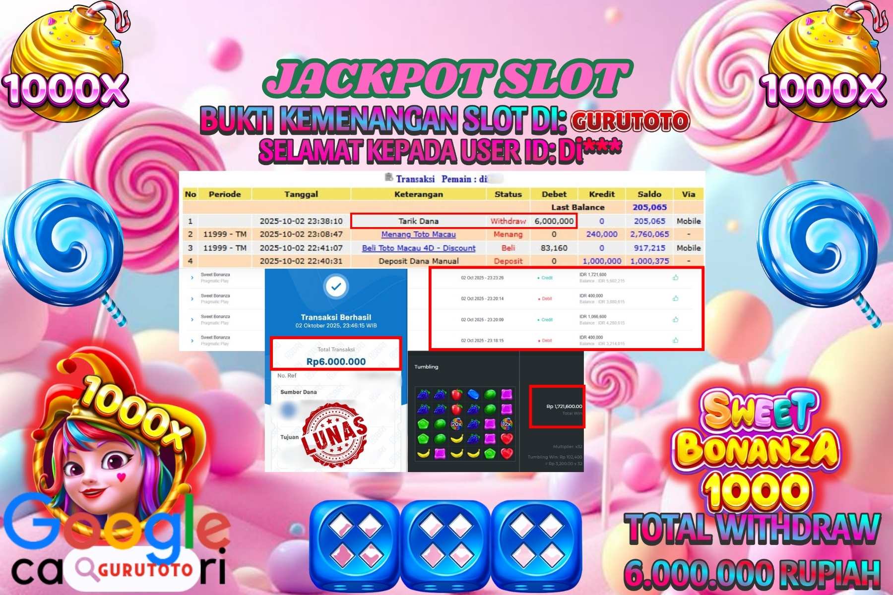 Bukti Kemenangan Rp 6.000.000 SLOT SWEET BONANZA di GURUTOTO!