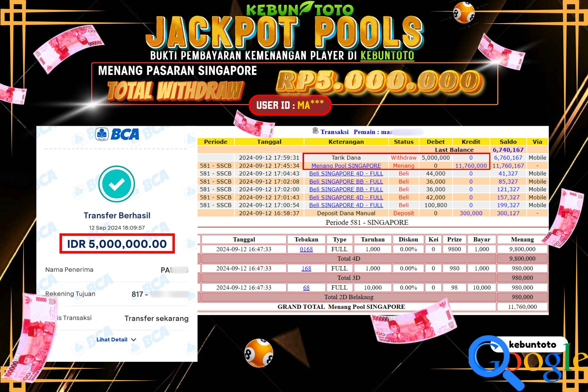 KEBUNTOTO JACKPOT TOGEL PASARAN SINGAPORE Rp.5.000.000,- LUNAS