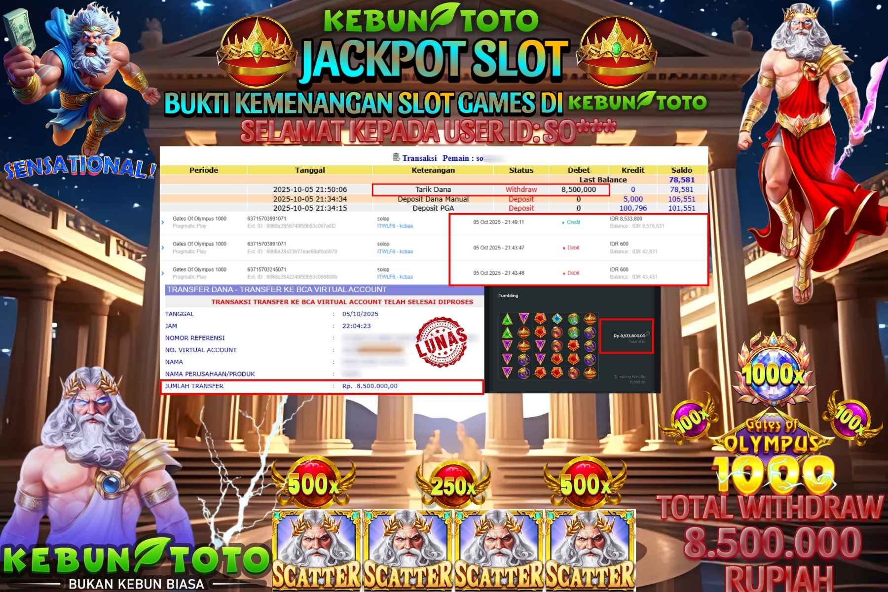 Bukti Kemenangan Rp 8.500.000 SLOT GATES OF OLYMPUS 1000 di KEBUNTOTO!