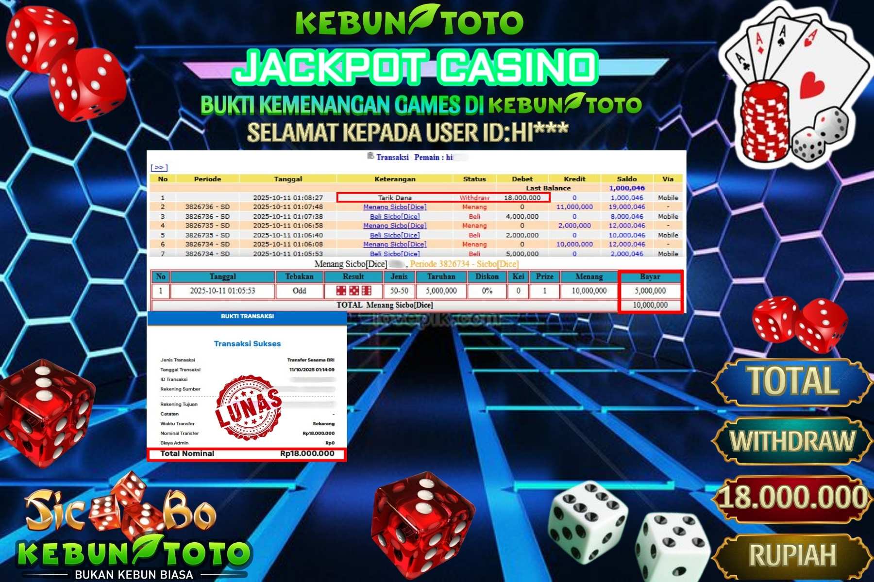 Bukti Kemenangan Rp 18.000.000 CASINO SICBO di KEBUNTOTO!