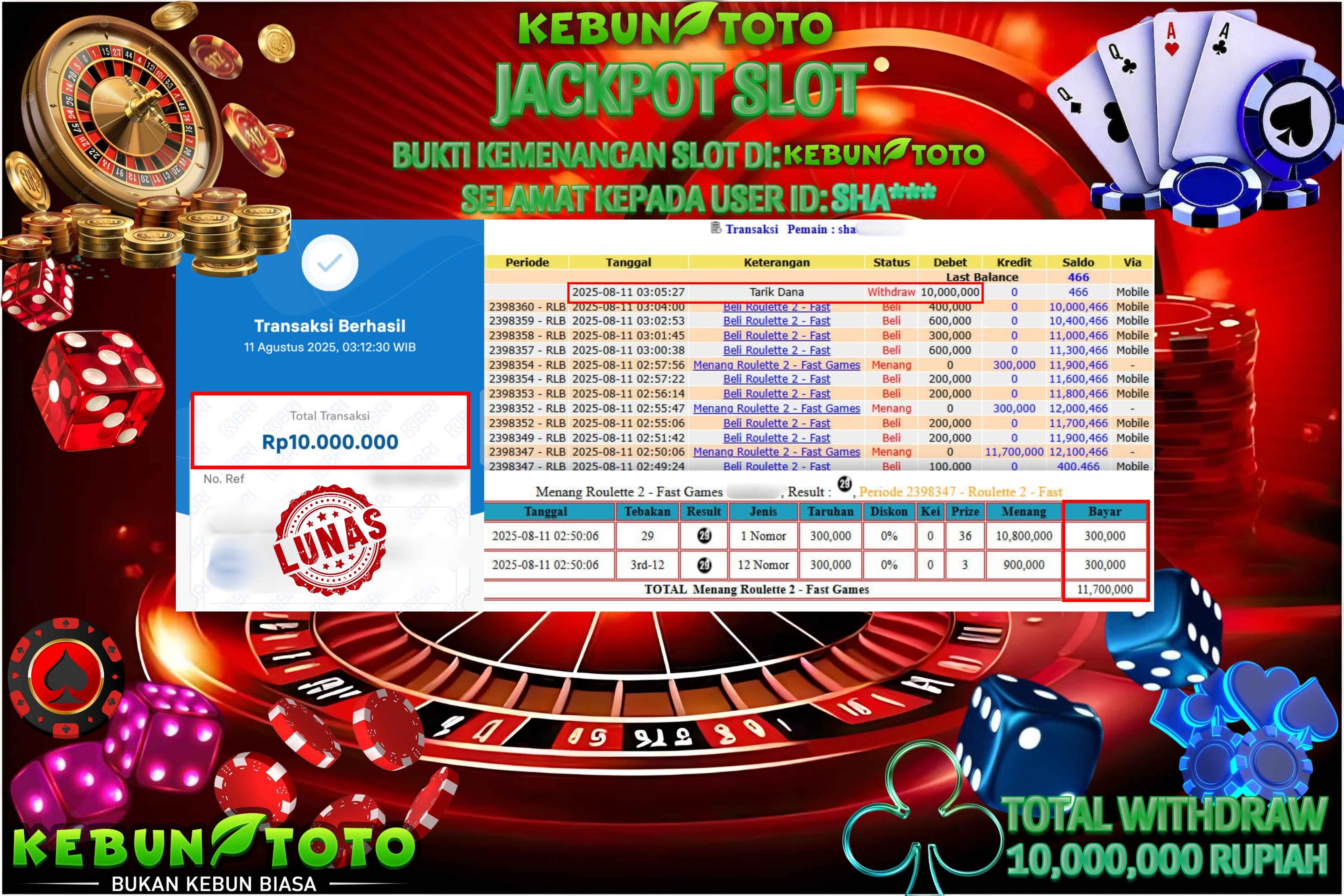 Bukti Kemenangan Rp 10.000.000 CASINO ROULETTE di KEBUNTOTO!