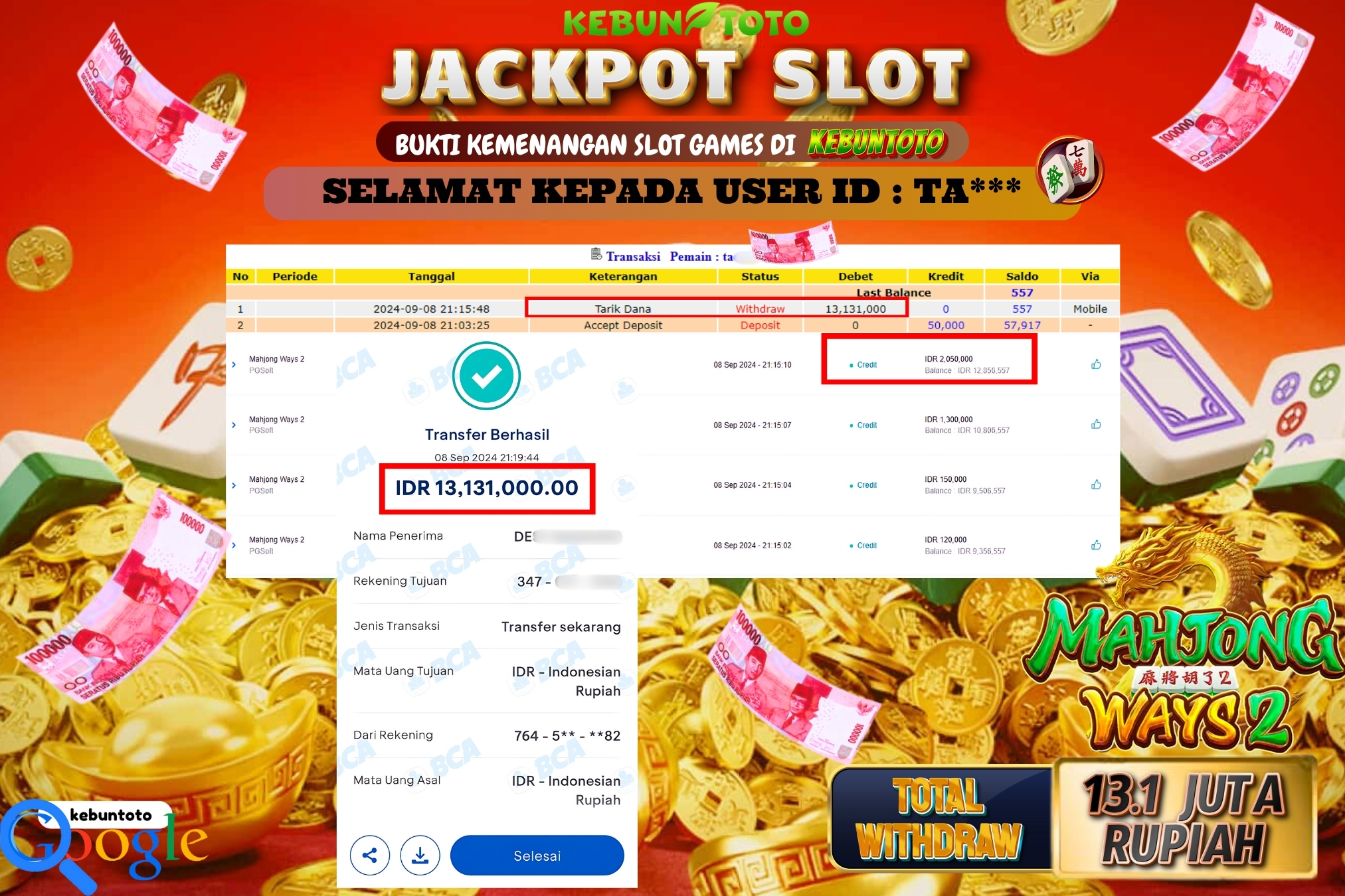 KEBUNTOTO JACKPOT SLOT MAHJONG WAYS 2 Rp.13.131.000,- LUNAS
