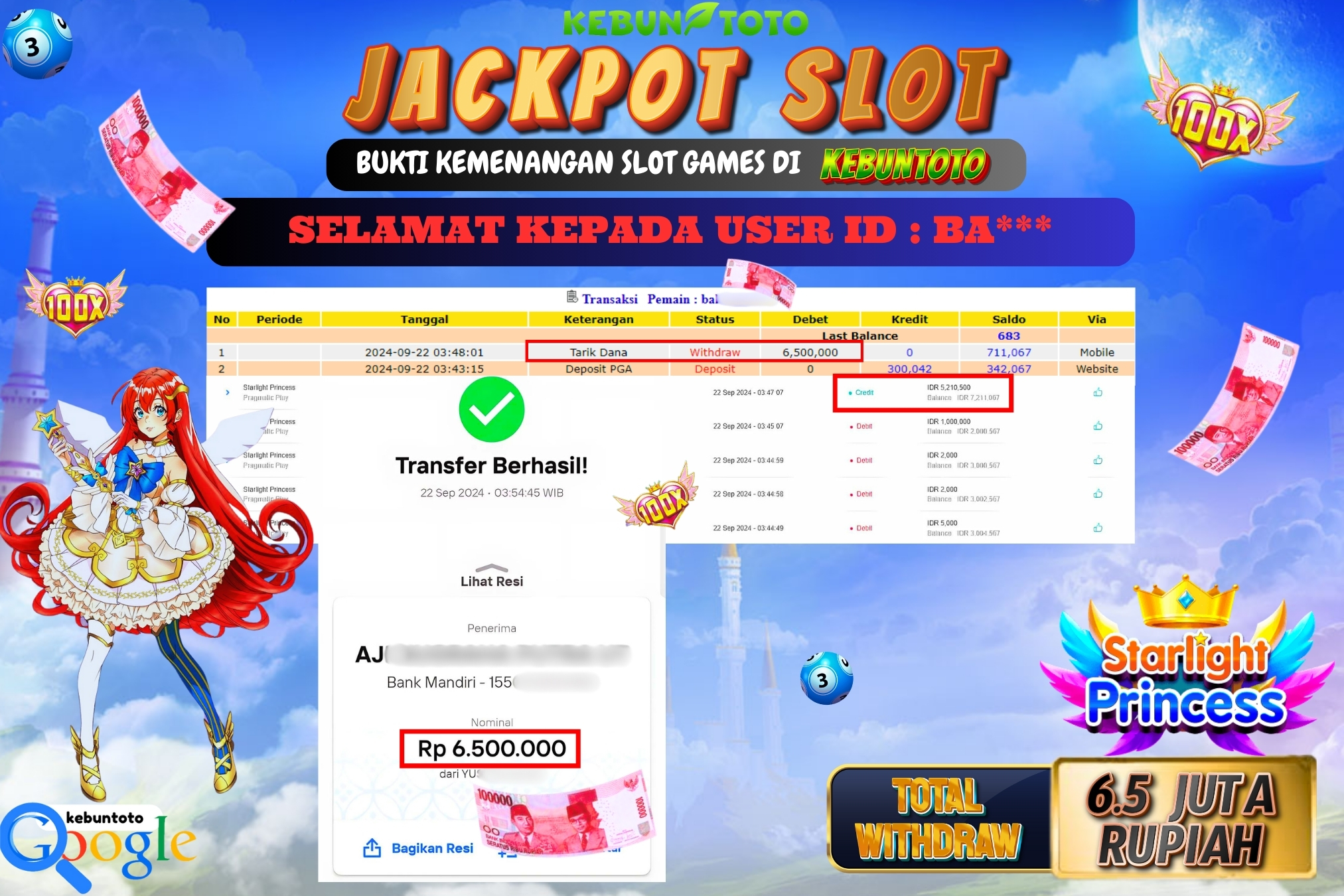 KEBUNTOTO JACKPOT SLOT STARLIGHT PRINCESS Rp.6.500.000,- LUNAS