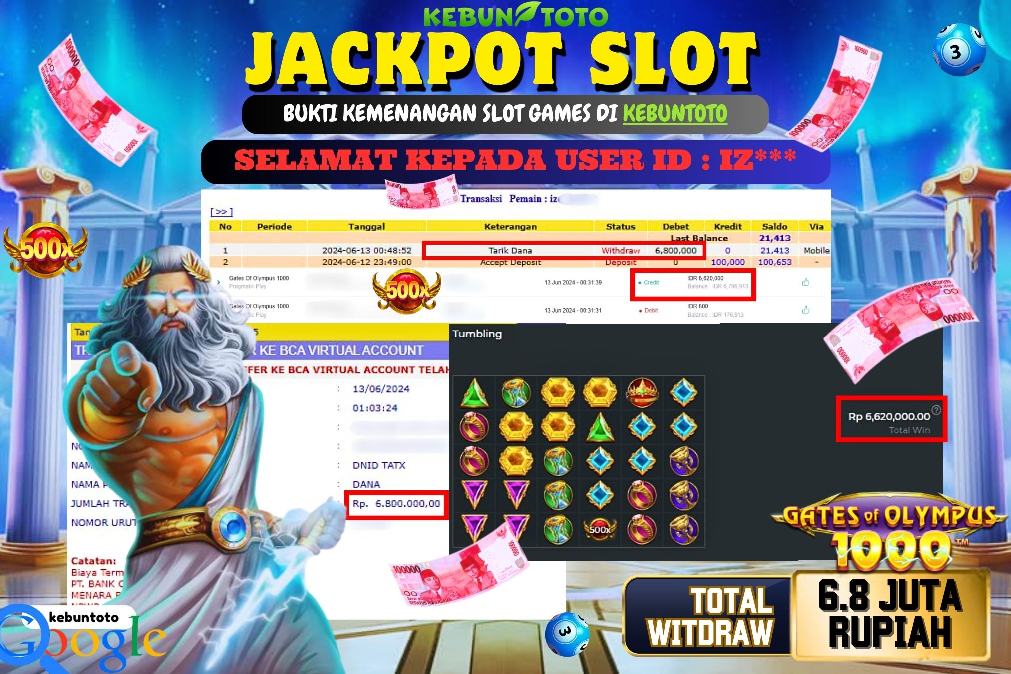 KEBUNTOTO JACKPOT SLOT GATES OF OLYMPUS 1000 Rp.6.800.000,- LUNAS