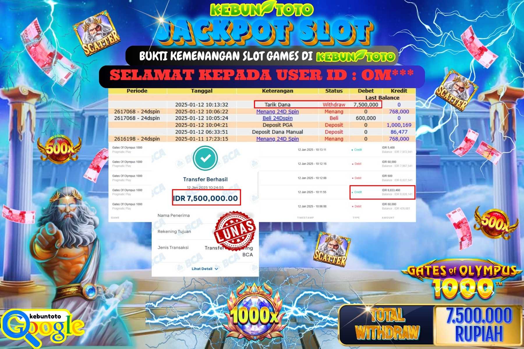 KEBUNTOTO JACKPOT SLOT GATES OF OLYMPUS 1000 , Sebesar Rp.7.500.000,- LUNAS