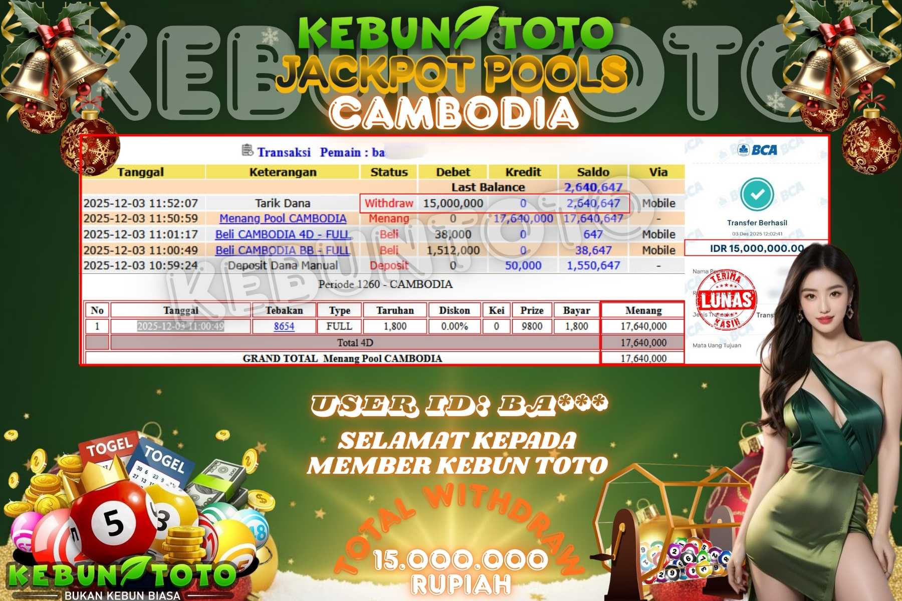 Bukti Kemenangan Rp 15.000.000 TOGEL CAMBODIA di KEBUNTOTO!
