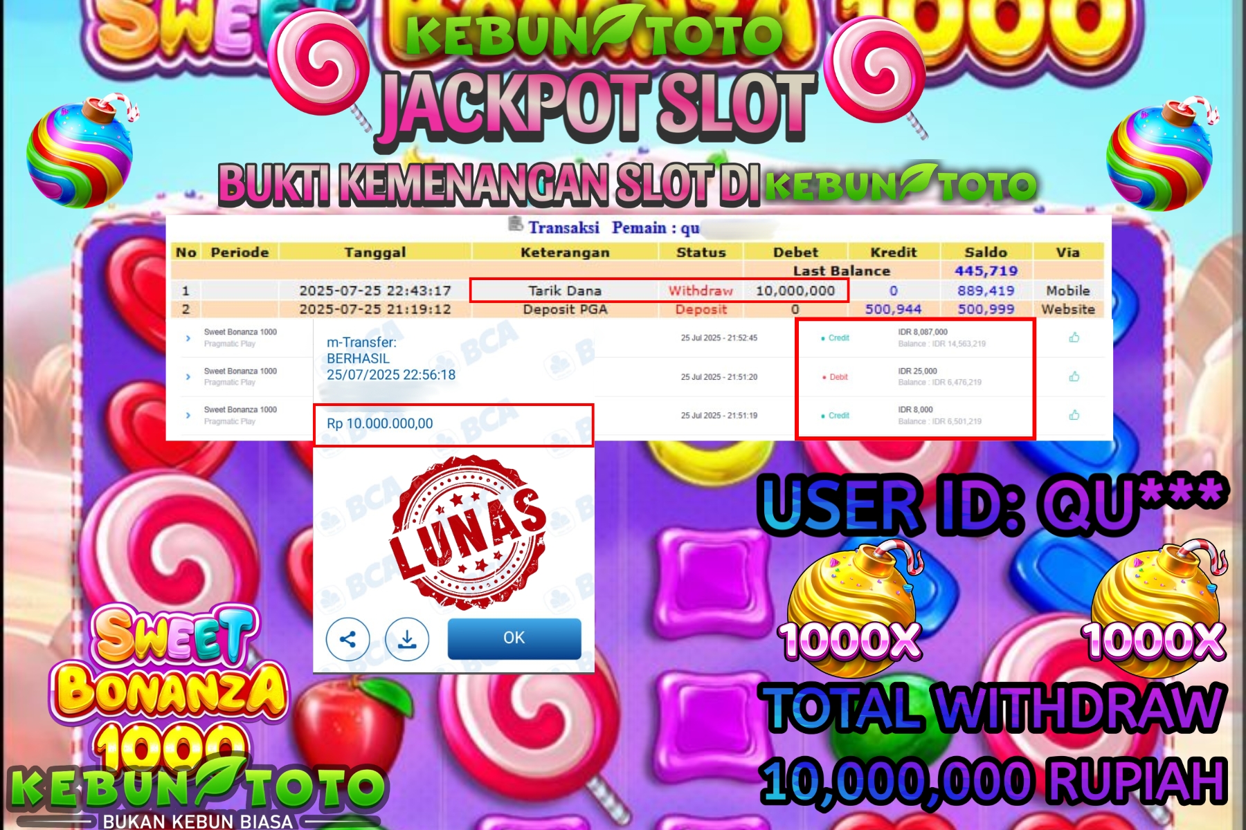 Bukti Kemenangan Rp 10.000.000 SLOT SWEET BONANZA 1000 di KEBUNTOTO!