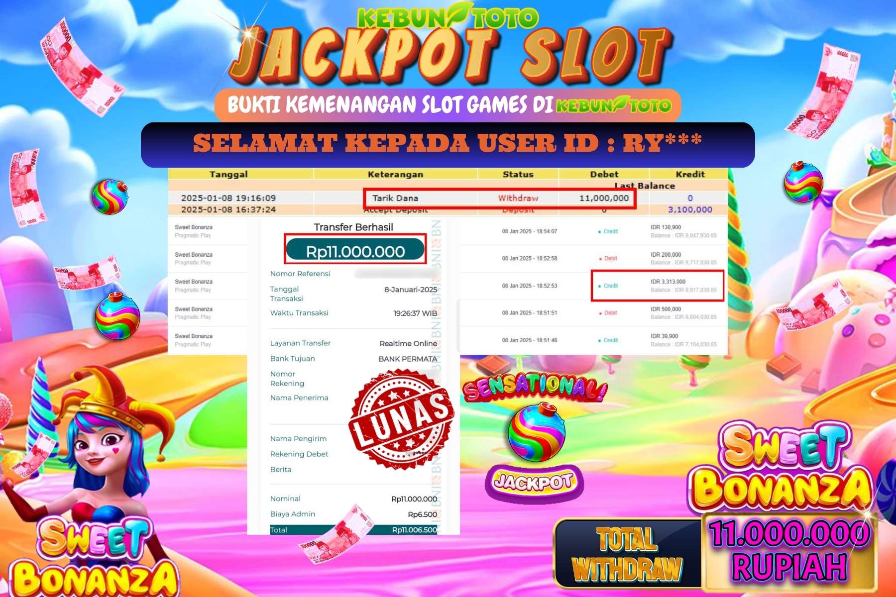 KEBUNTOTO JACKPOT SLOT SWEET BONANZA , Sebesar Rp.11.000.000,- LUNAS