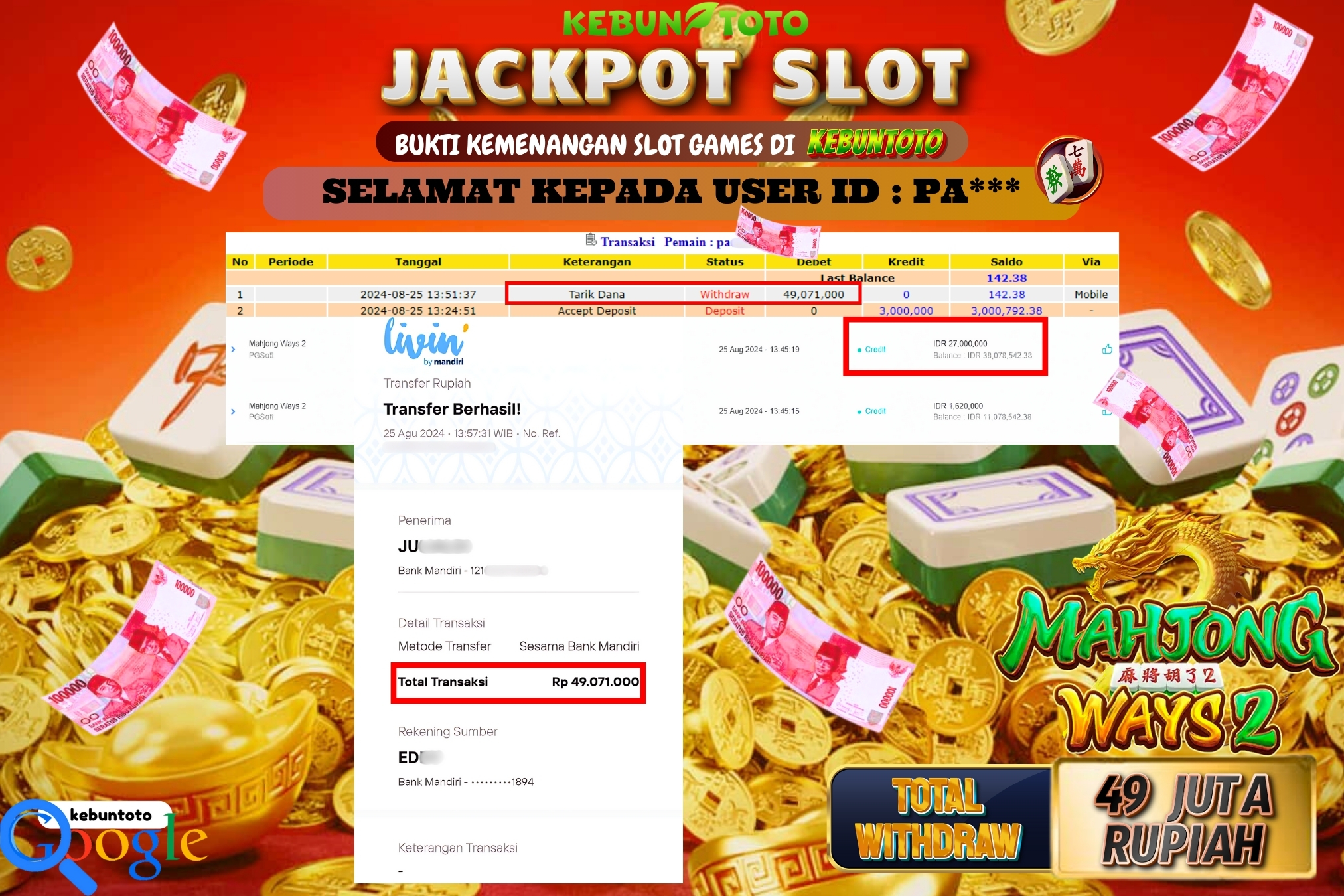KEBUNTOTO JACKPOT SLOT MAHJONG WAYS 2 Rp.49.071.000,- LUNAS