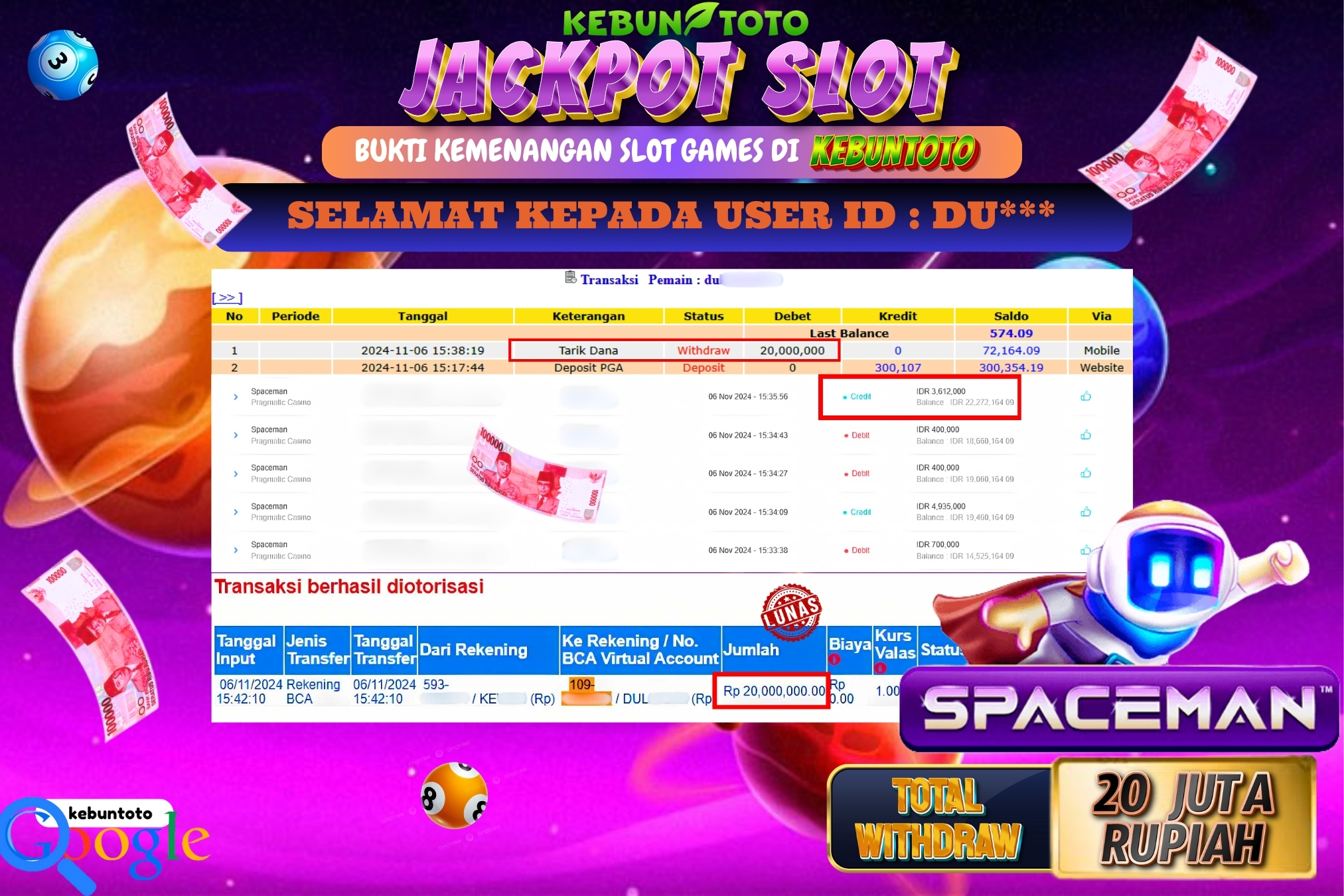 KEBUNTOTO JACKPOT SLOT SPACEMAN Rp.20.000.000,- LUNAS