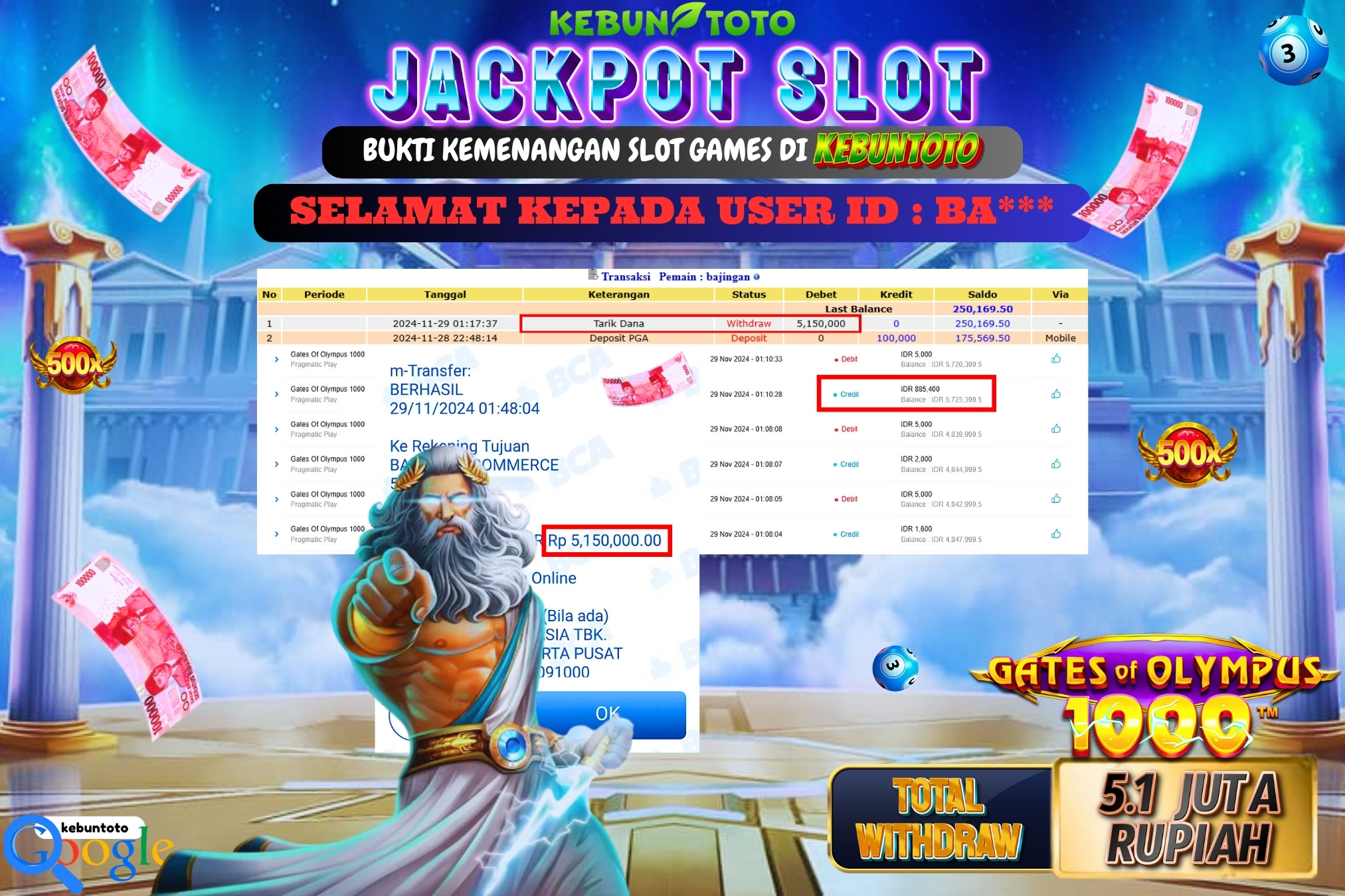 KEBUNTOTO JACKPOT SLOT GATES OF OLYMPUS 1000 Rp.5.150.000,- LUNAS
