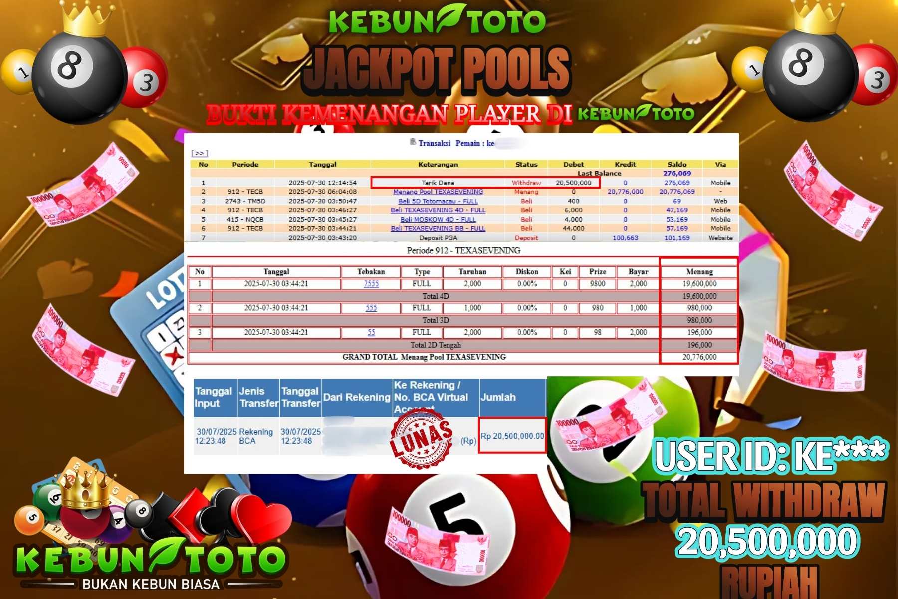 Bukti Kemenangan Rp 20.500.000 TOGEL TEXASEVENING di KEBUNTOTO!