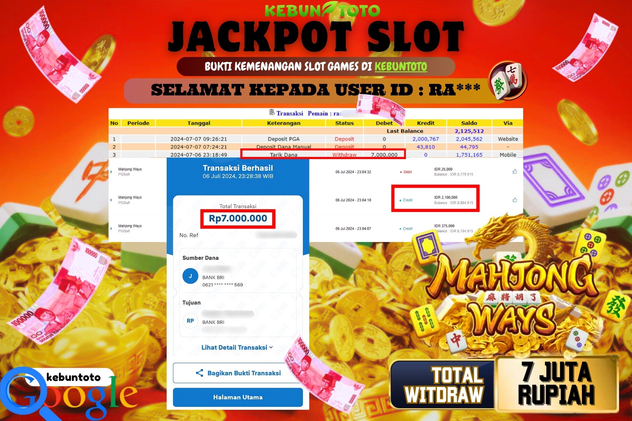 KEBUNTOTO JACKPOT SLOT MAHJONG WAYS Rp.7.000.000,- LUNAS