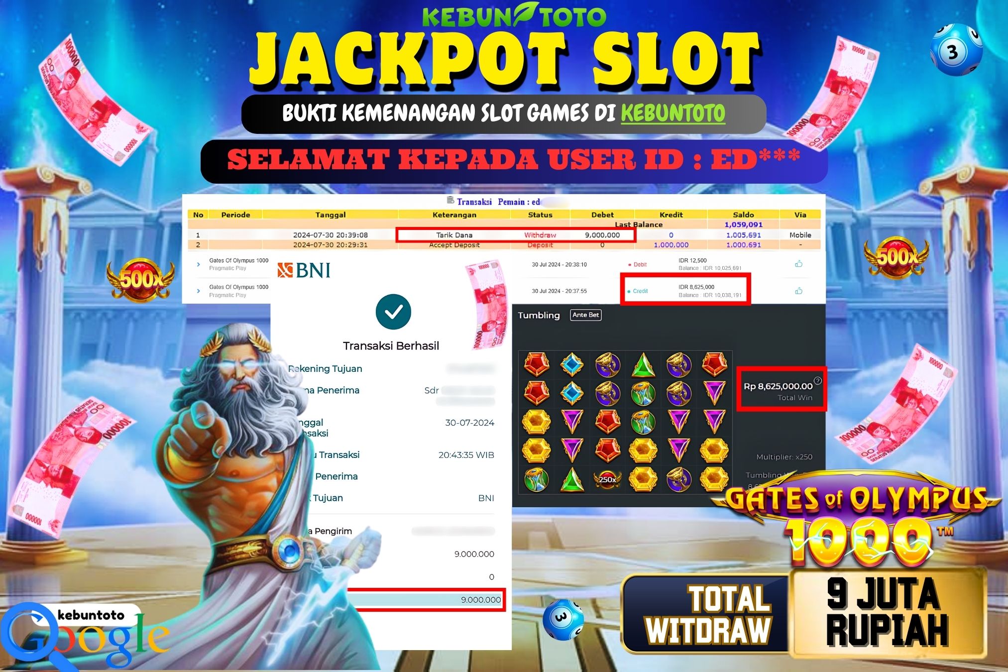 KEBUNTOTO JACKPOT SLOT GATES OF OLYMPUS 1000 Rp.9.000.000,- LUNAS