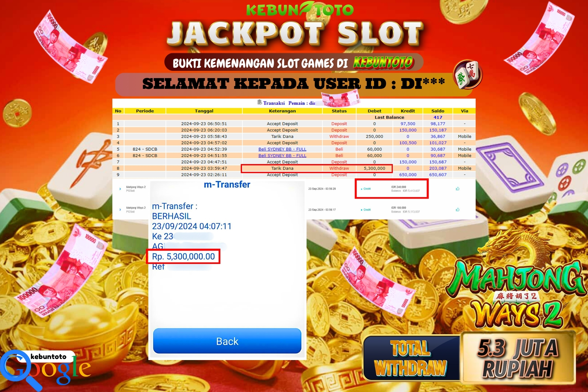 KEBUNTOTO JACKPOT SLOT MAHJONG WAYS 2 Rp.5.300.000,- LUNAS