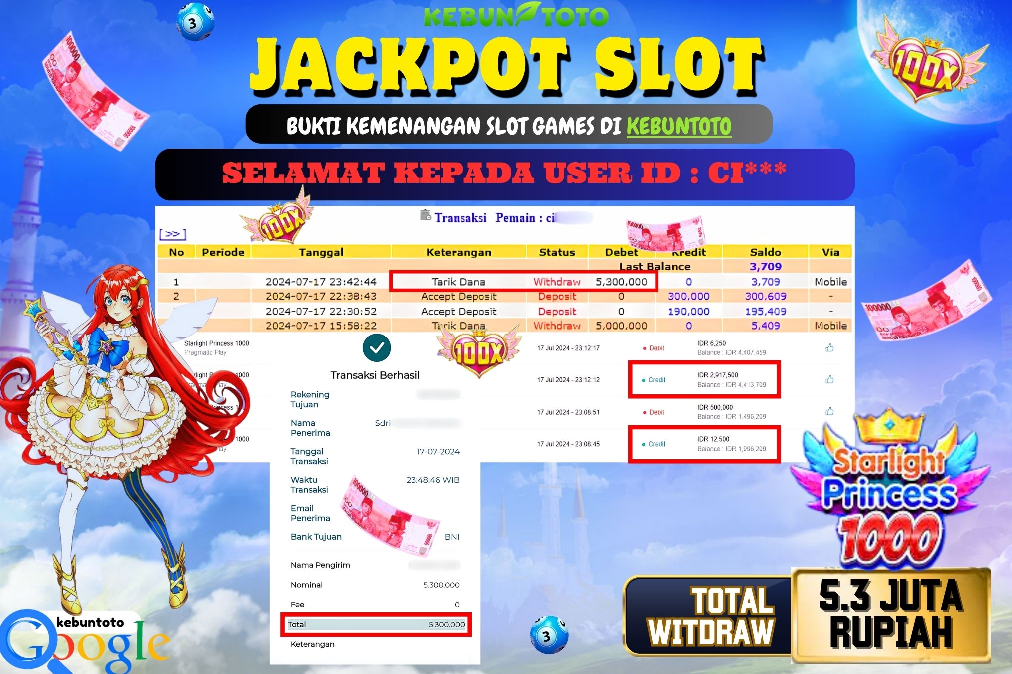 KEBUNTOTO JACKPOT SLOT STARLIGHT PRINCESS 1000 Rp.5.300.000,- LUNAS