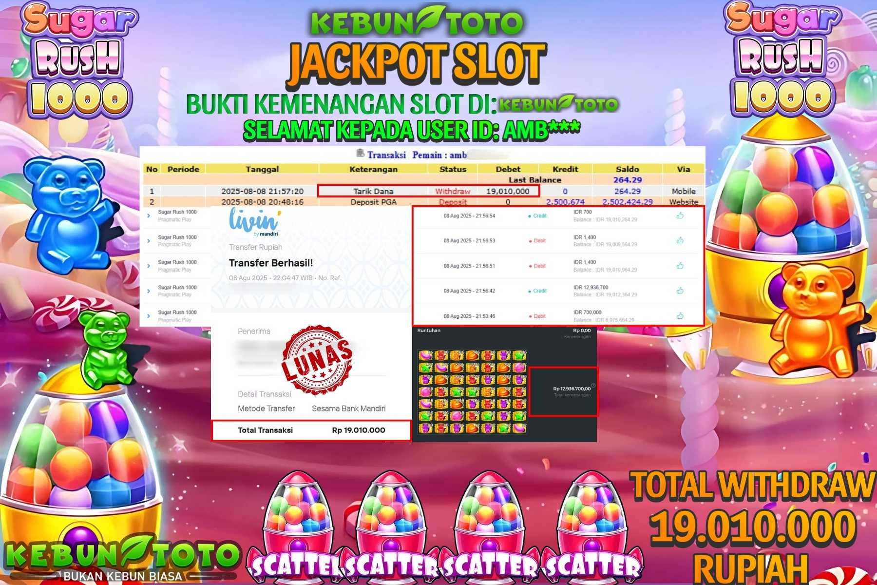 Bukti Kemenangan Rp 19.010.000 SLOT SUGAR RUSH 1000 di KEBUNTOTO!