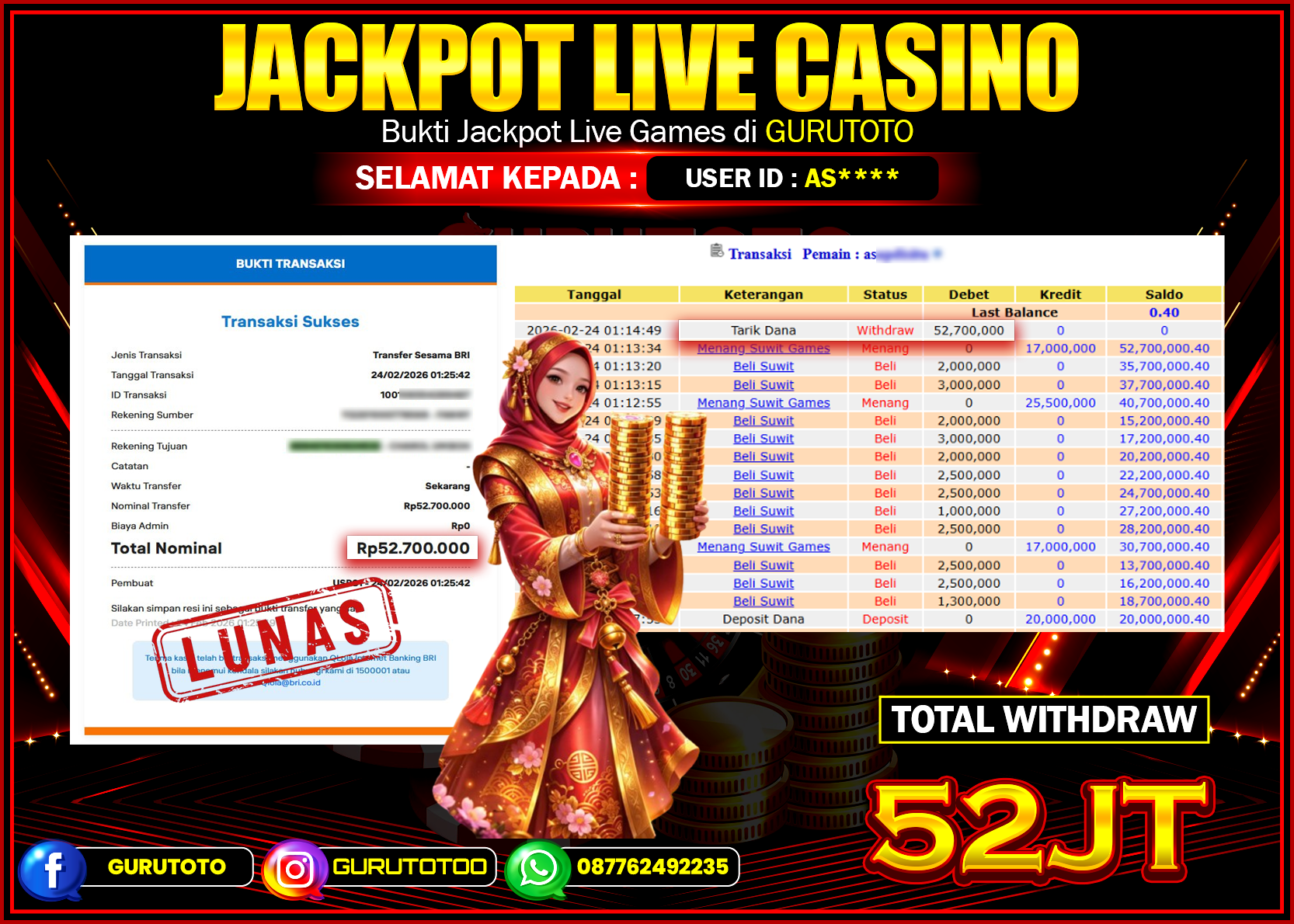 Bukti Kemenangan Rp 52.700.000 SUWIT GAMES di GURUTOTO !