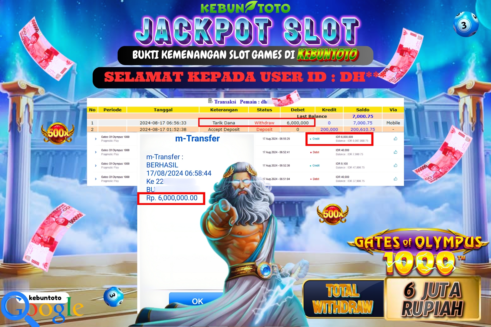 KEBUNTOTO JACKPOT SLOT GATES OF OLYMPUS 1000 Rp.6.000.000,- LUNAS