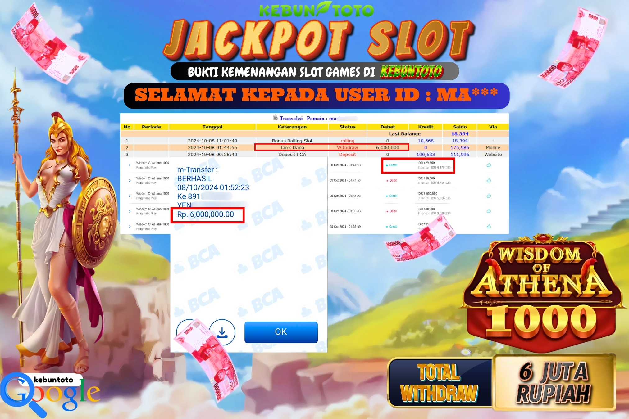 KEBUNTOTO JACKPOT SLOT WISDOM OF ATHENA 1000 Rp.6.000.000,- LUNAS