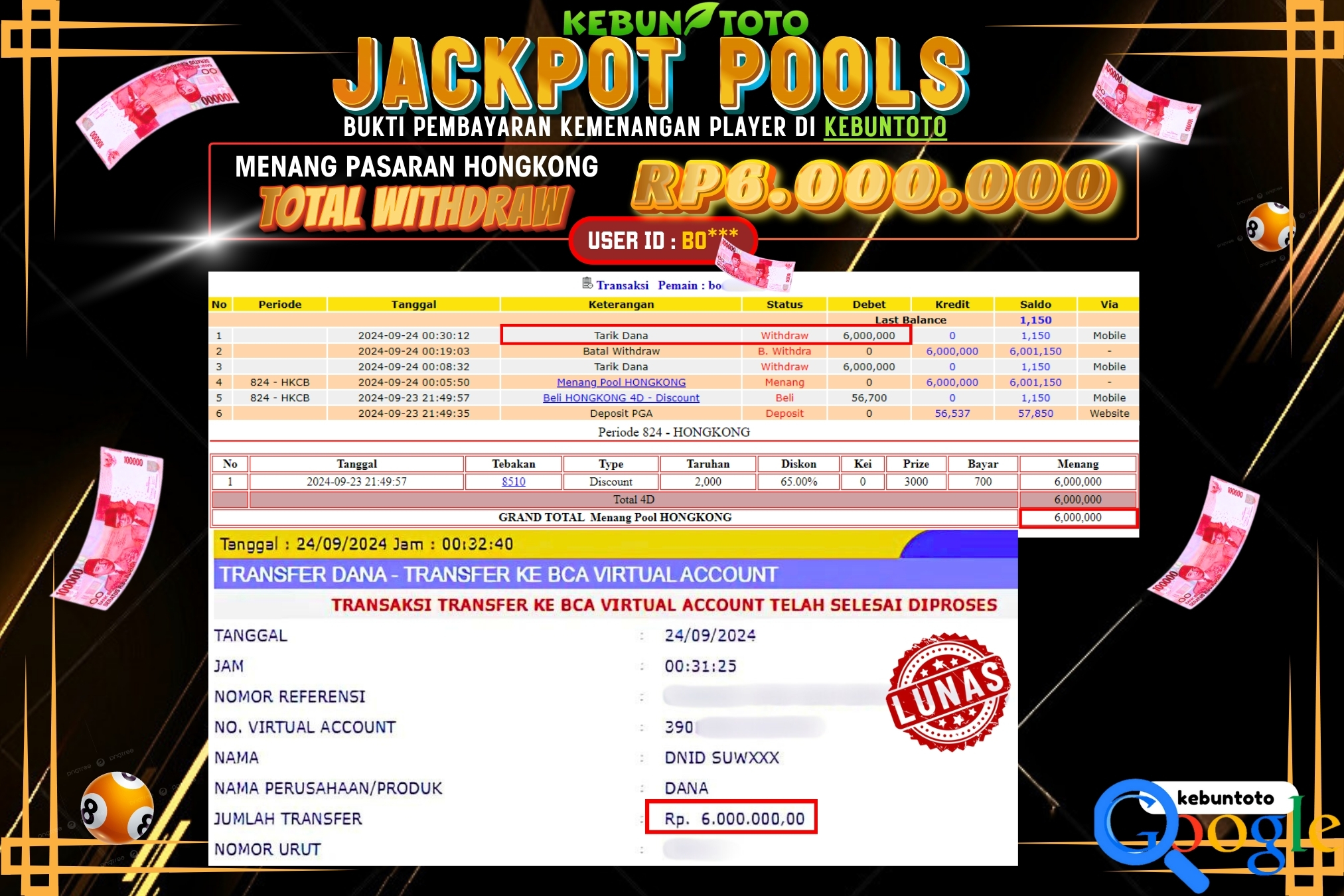 KEBUNTOTO JACKPOT TOGEL PASARAN HONGKONG Rp.6.000.000,- LUNAS