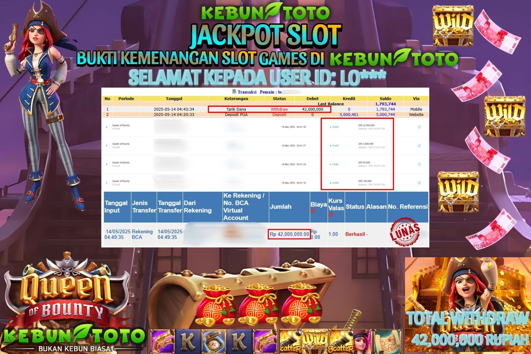 KEBUNTOTO JACKPOT SLOT QUEEN OF BOUNTY Rp 42.000.000 ,- LUNAS