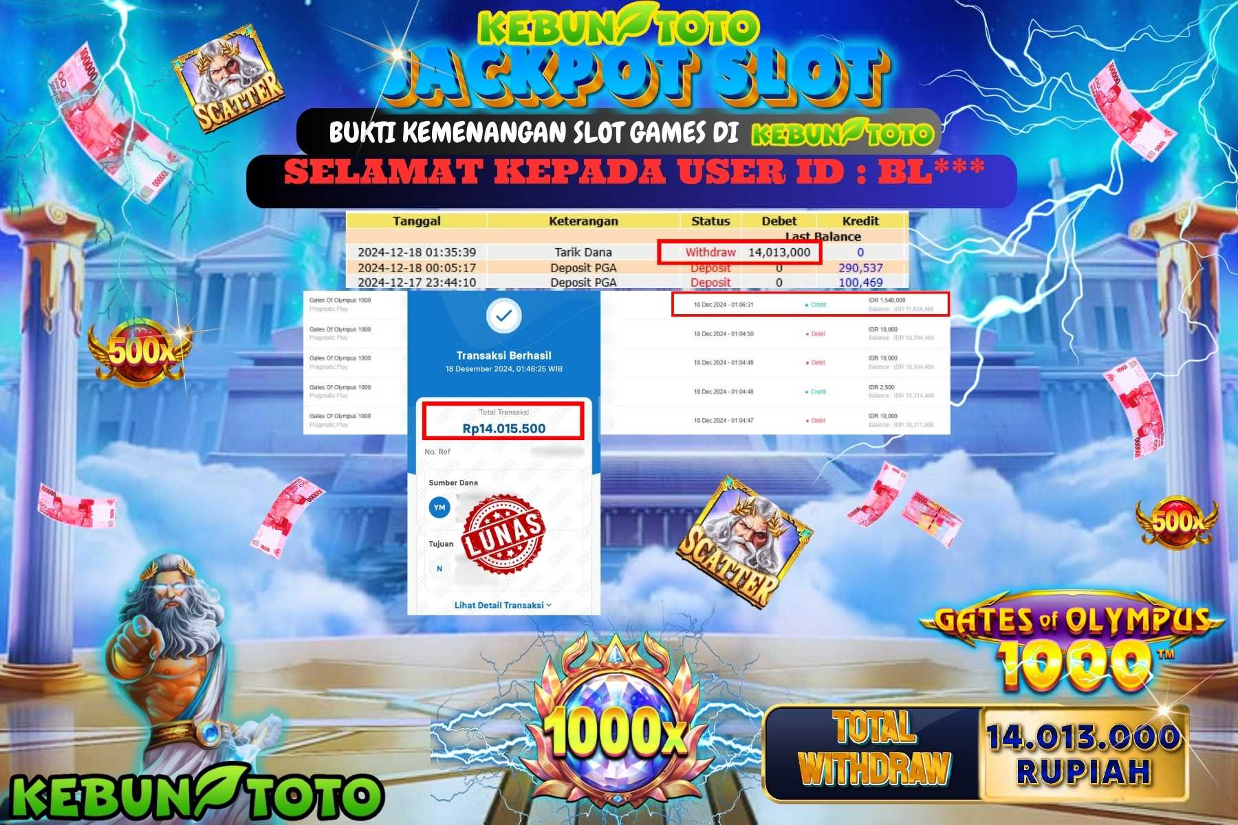 KEBUNTOTO JACKPOT SLOT GATES OF OLYMPUS 1000 , Sebesar Rp.14.013.000,- LUNAS
