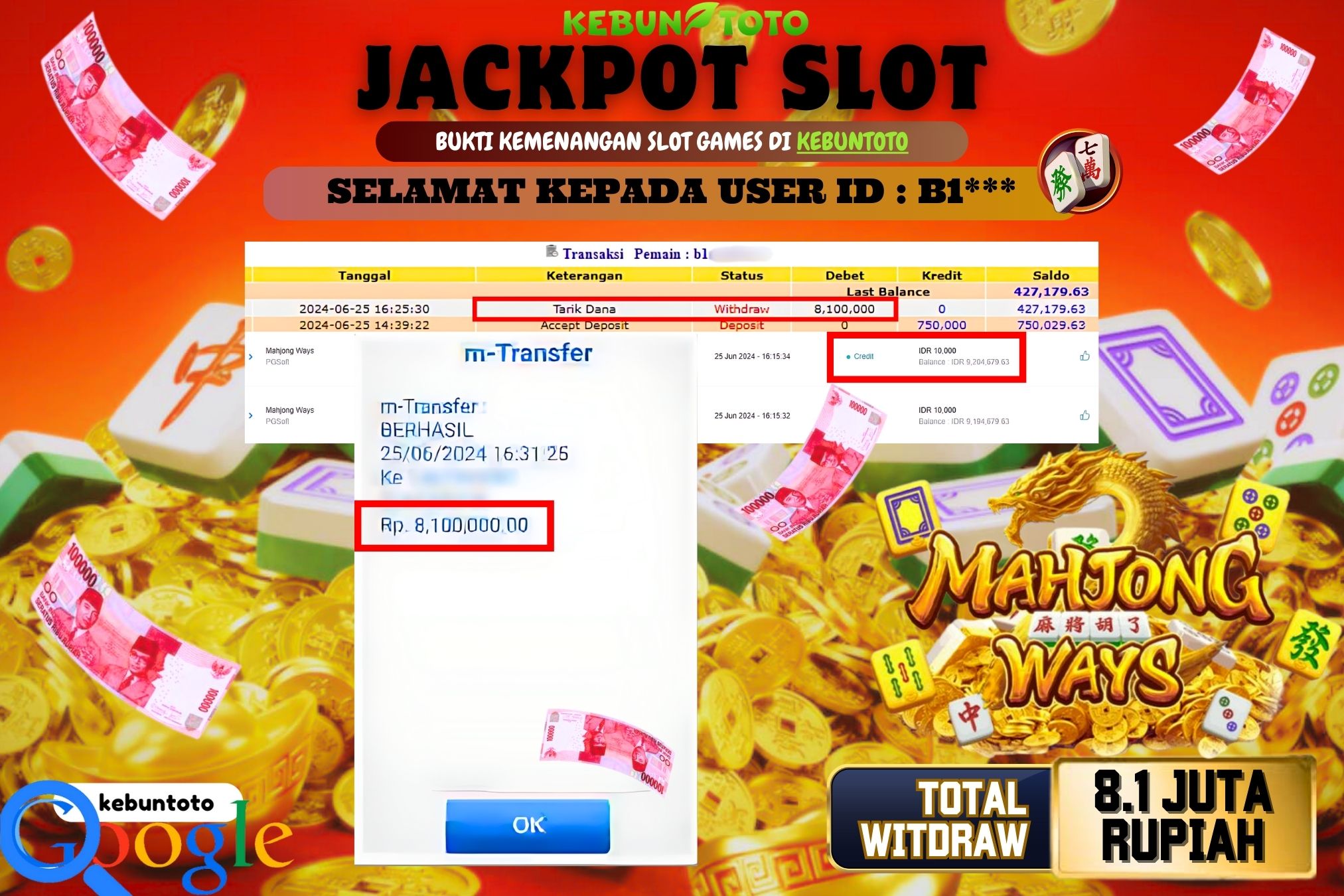 KEBUNTOTO JACKPOT SLOT MAHJONG WAYS Rp.8.100.000,- LUNAS