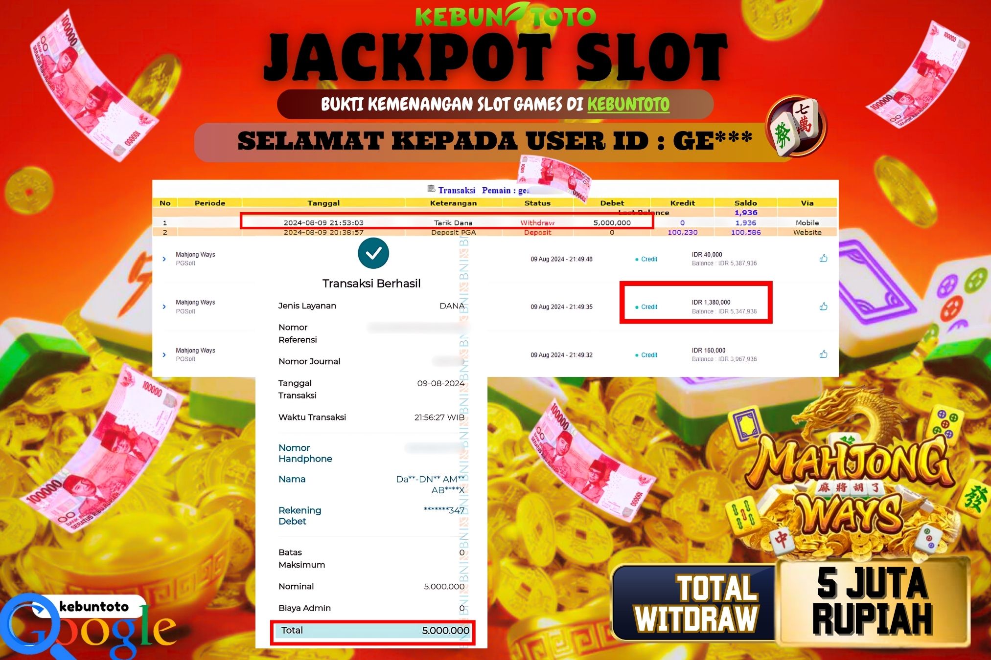 KEBUNTOTO JACKPOT SLOT MAHJONG WAYS Rp.5.000.000,- LUNAS