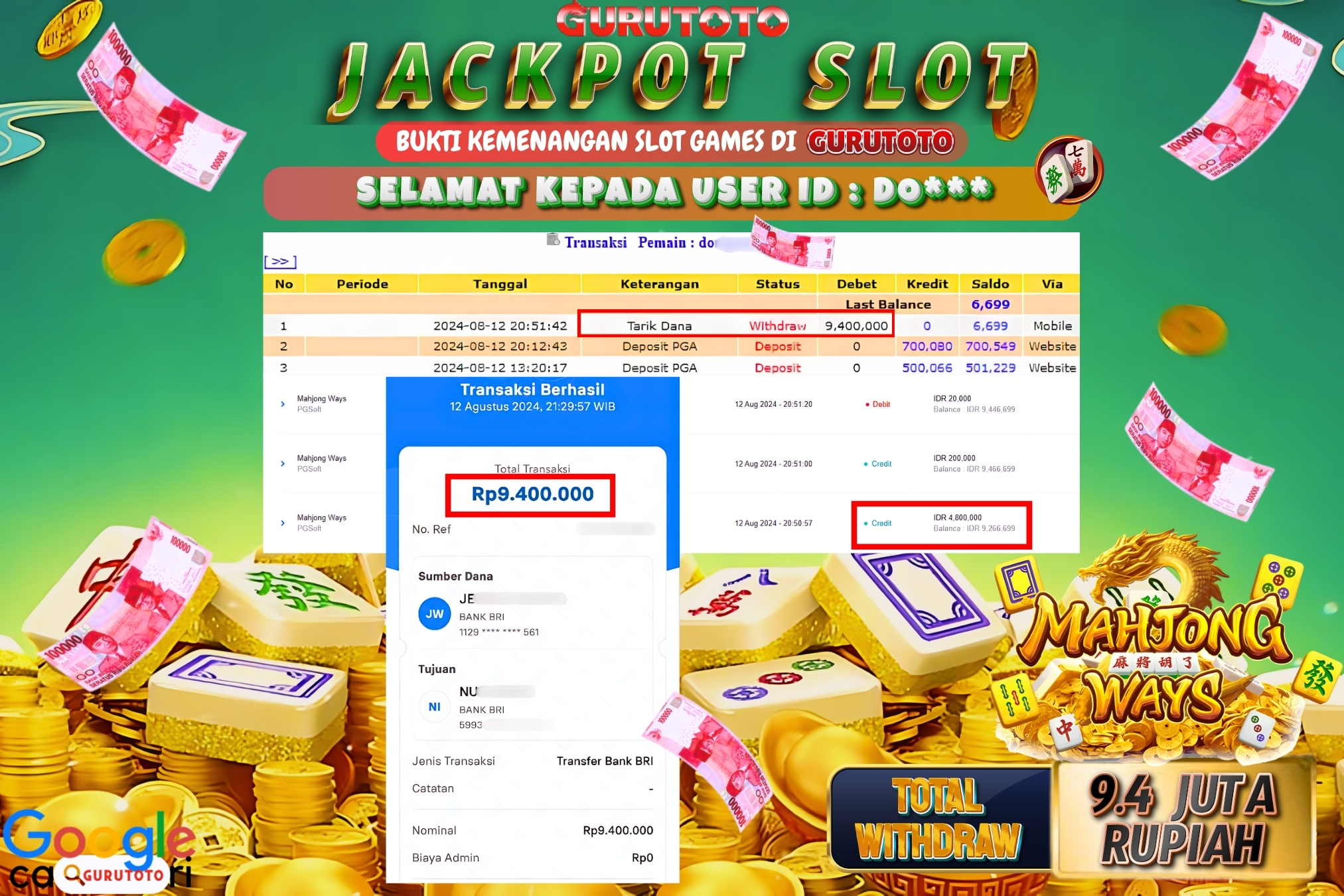 Jackpot Slot Mahjong Ways di Gurutoto sebesar Rp.9.400.000 dibayar lunas.